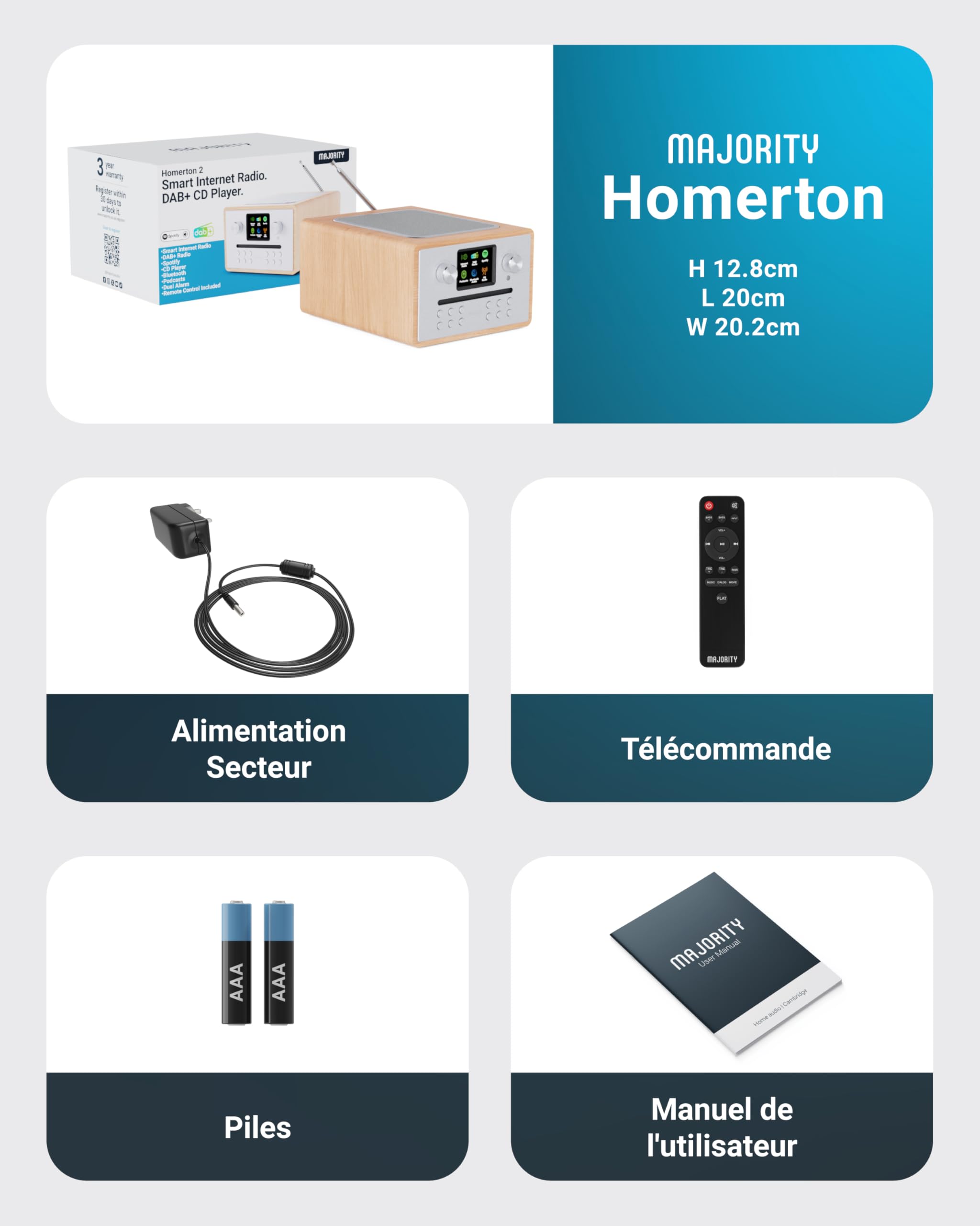 Majority Homerton Radio Dab Plus avec Lecteur CD Bluetooth Poste Radio Internet WiFi Ampli Tuner CD Spotify Connect Écran LED Couleur Télécommande Chêne
