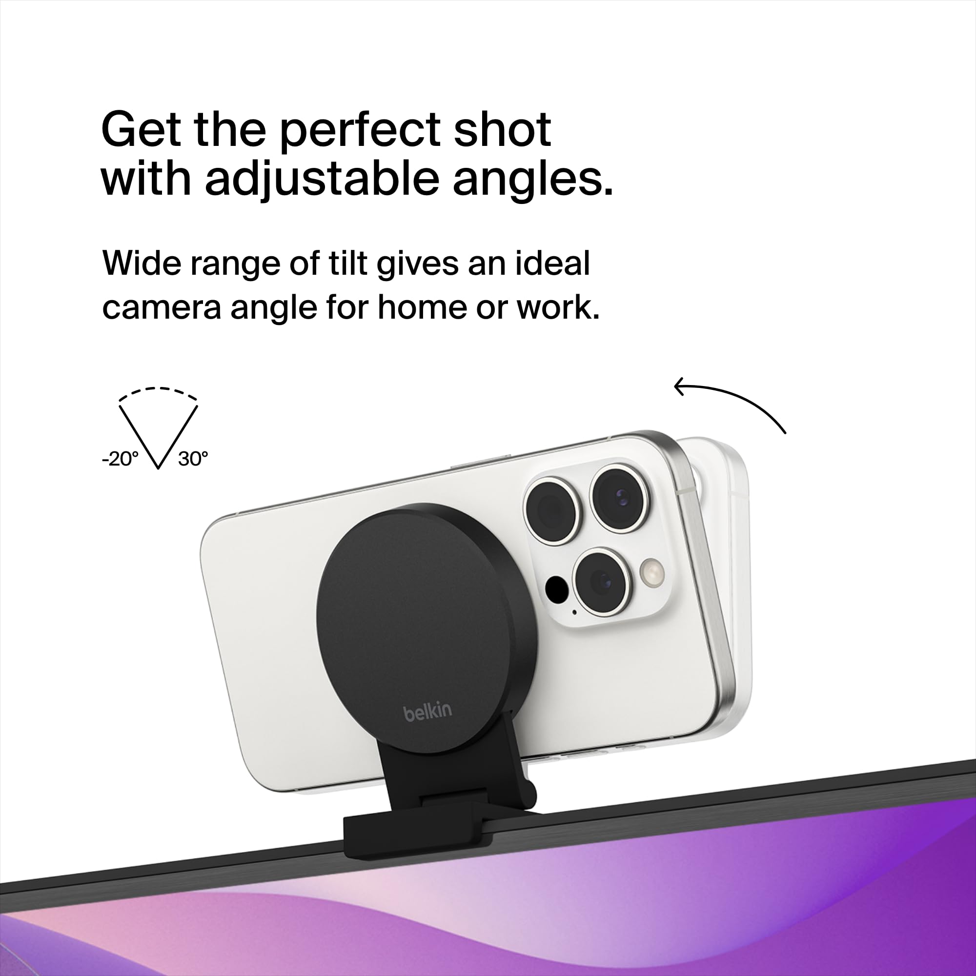 Belkin iPhone Mount with MagSafe for Apple TV 4K - MacBook Continuity Support w/tvOS - Turn Phone to Webcam, Compatible with MacBook Pro, Air, iPhone 16,15,14,13 & More - Gray | Convierte el iPhone en cámara web, soporte tvOS, compatible con MacBook Pro,