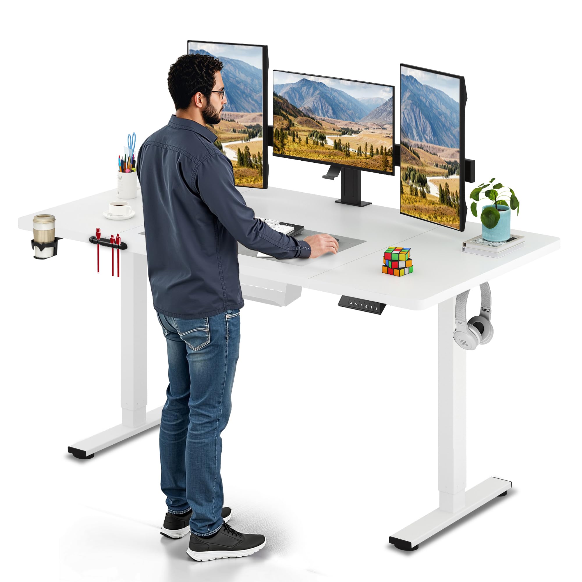 SANODESK Elektrischer Höhenverstellbarer Schreibtisch einfach mit Tischplatte, Memory Funktion und Haken, Schreibtisch Höhenverstellbar Elektrisch für Heimbüro, Homeoffice und Hause