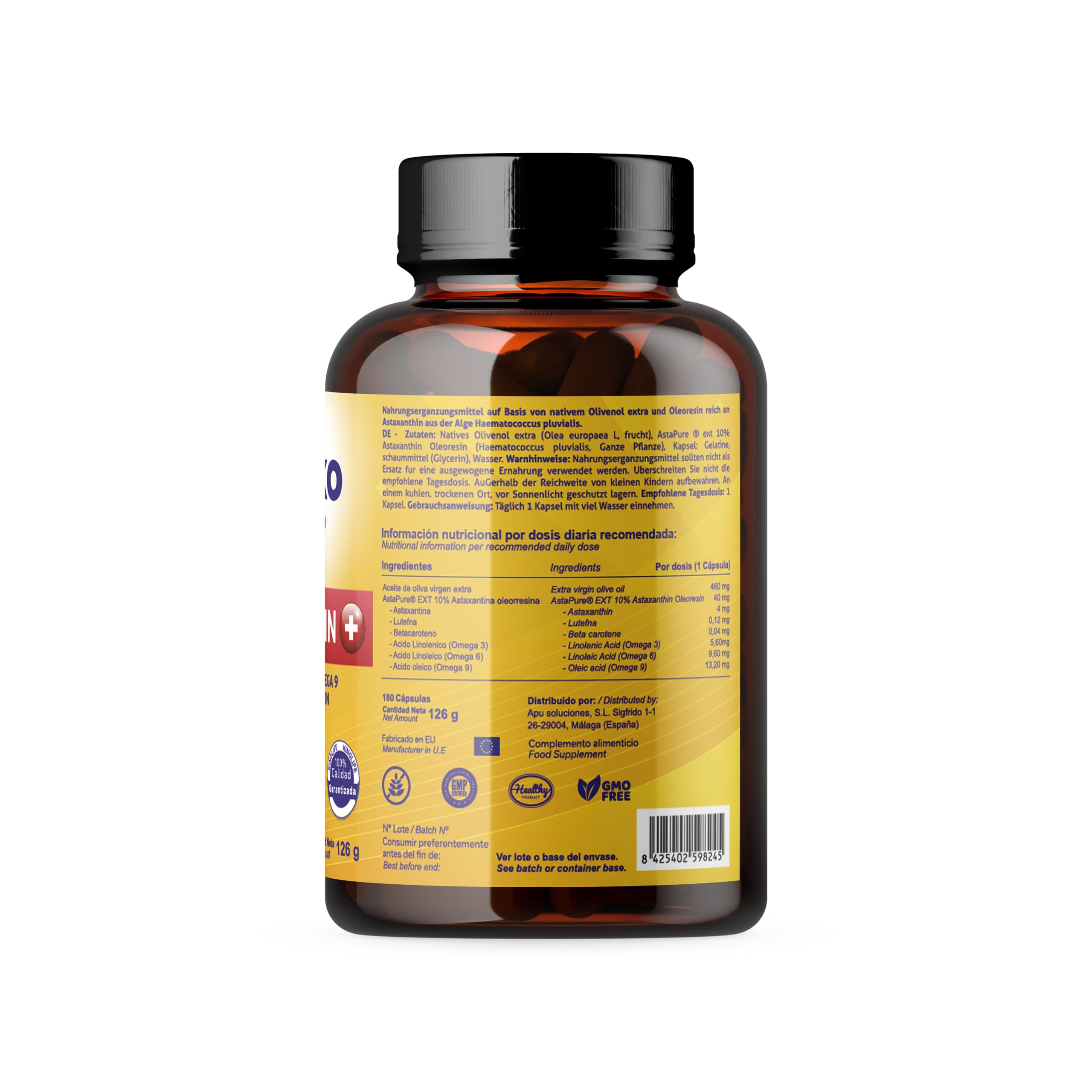 ASTAXANTHINE PLUS 4mg | 180 capsules (Sofgels) | avec lutéine, oméga 369 et bêta-carotène | 100% naturel | qualité ASTAPURE® | liposoluble | antioxydant naturel | sans gluten | non OGM