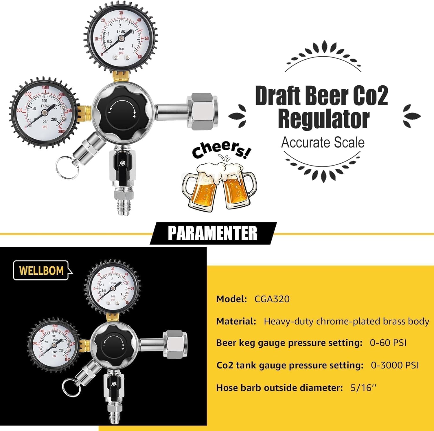 CO2 Regulator Beer Keg Regulator CGA-320 Kegerator Regulator, Dual Gauge Beer Regulator Draft Beer Gas Regulator CO2 Regulator for Kegerator with Precision Control and Safety Valve