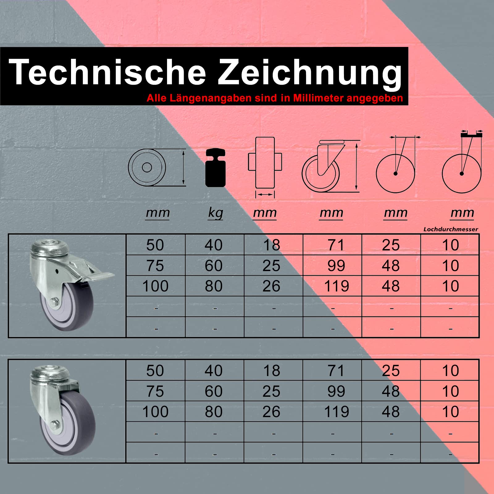 PRIOstahl Möbelrollen mit Rückenloch 75mm Set mit Bremse - Lenkrollen bis 240kg Schwerlastrollen - Spurlos Abrollende Laufrollen Rollen für Möbel Arbeitstisch Werkstatt Räder Rollbrett Transportroller