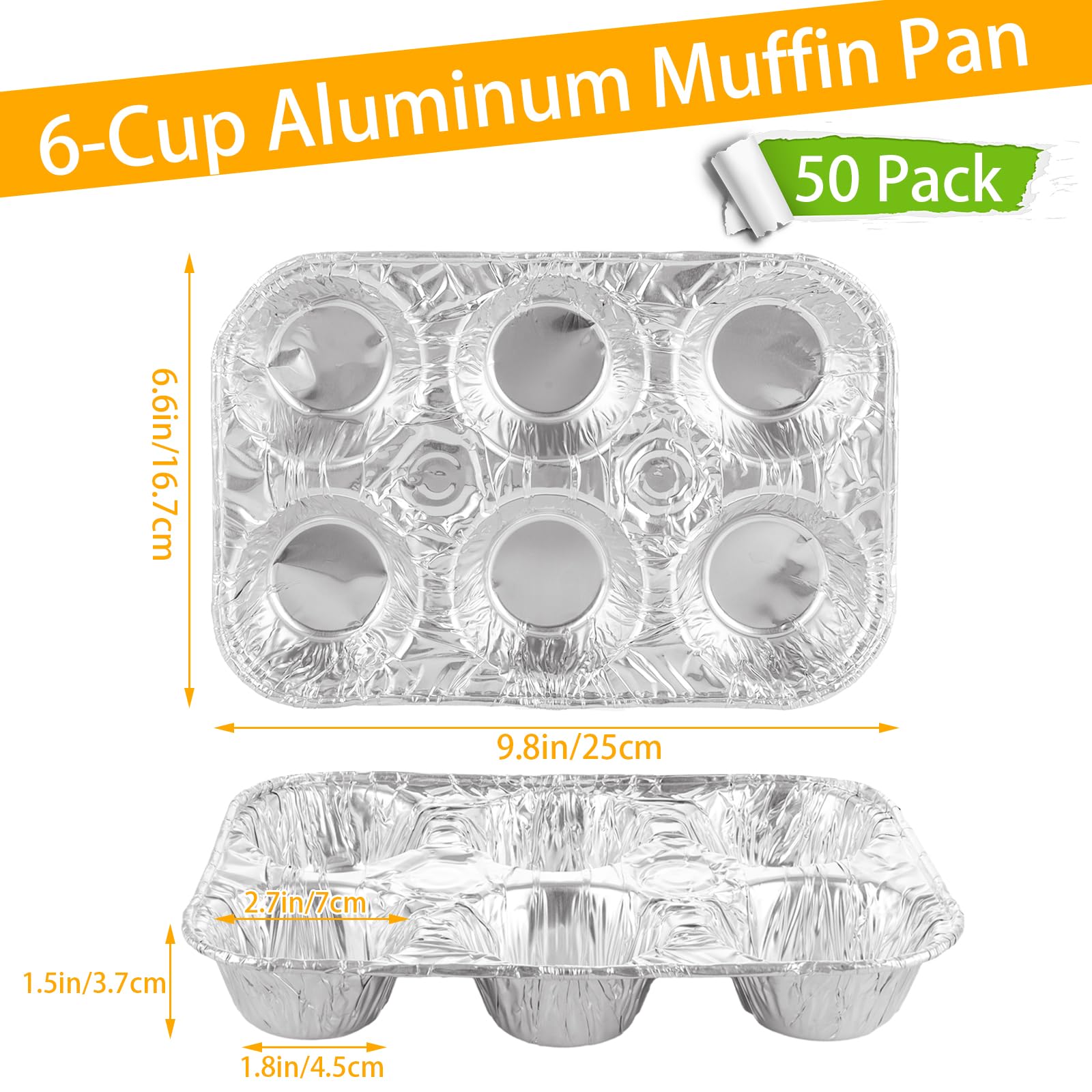 LDHHYH 50 Pack 6-Cup Aluminum Muffin Pans, Disposable Muffin Tins for Baking, Standard Size Cupcake Pans for Baking Cupcakes, Muffins and Mini Quiches - 10 x 6.6 x 1.5 inch