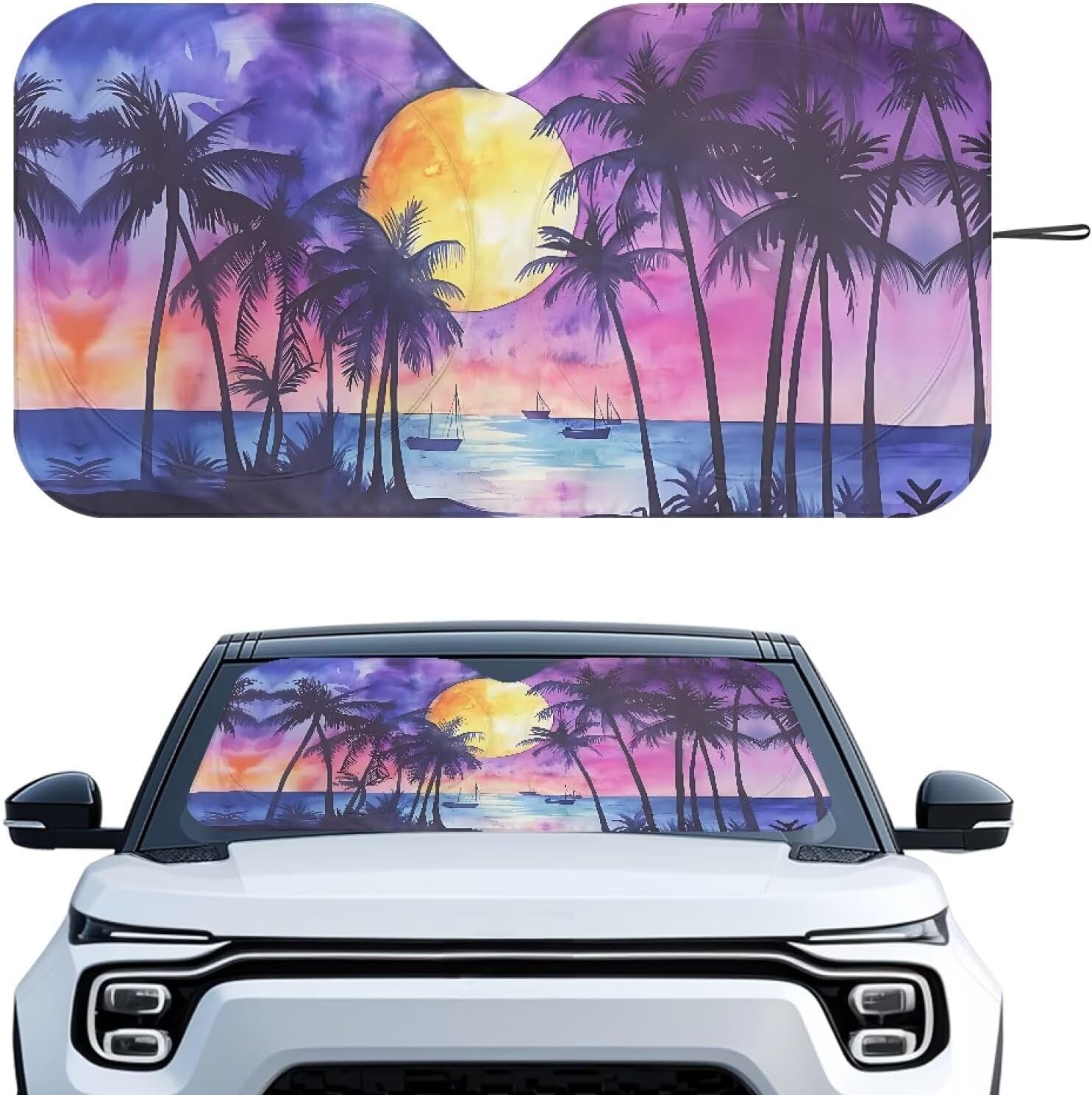 Bulopur 1 Pc Car Windshield Sunshade Tropical Palm Tree Sunset Front Windshield Sunblock Foldable UV Rays Car Accessories Dog Cats Automobile Interior Sun Protection for Most Cars SUV Trucks