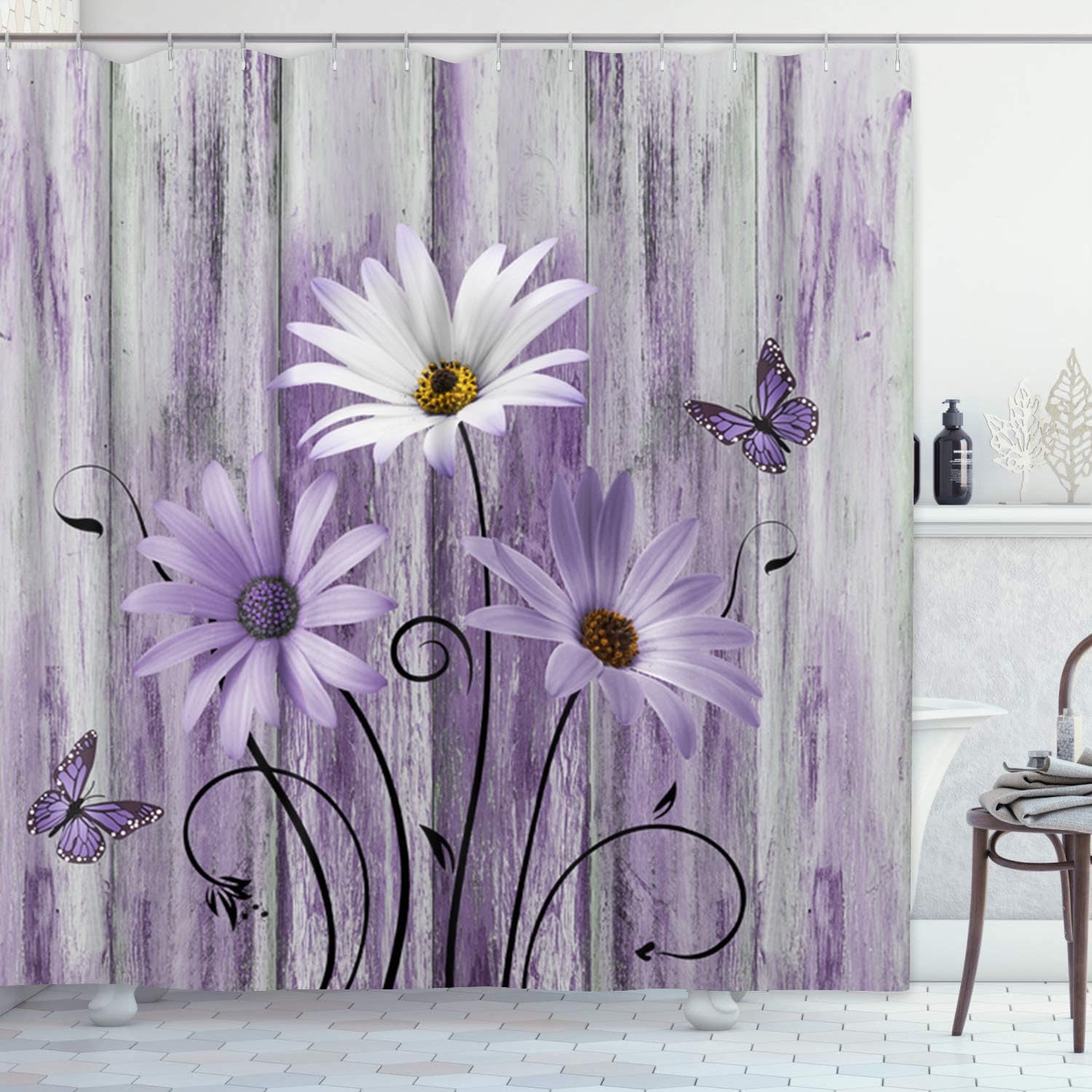 Emvency Shower Curtain Rustic Farmhouse Purple Daisy Flowers and Butterfly on Wooden Bathroom Home Decor Waterproof Polyester Fabric 72 x 72 inches