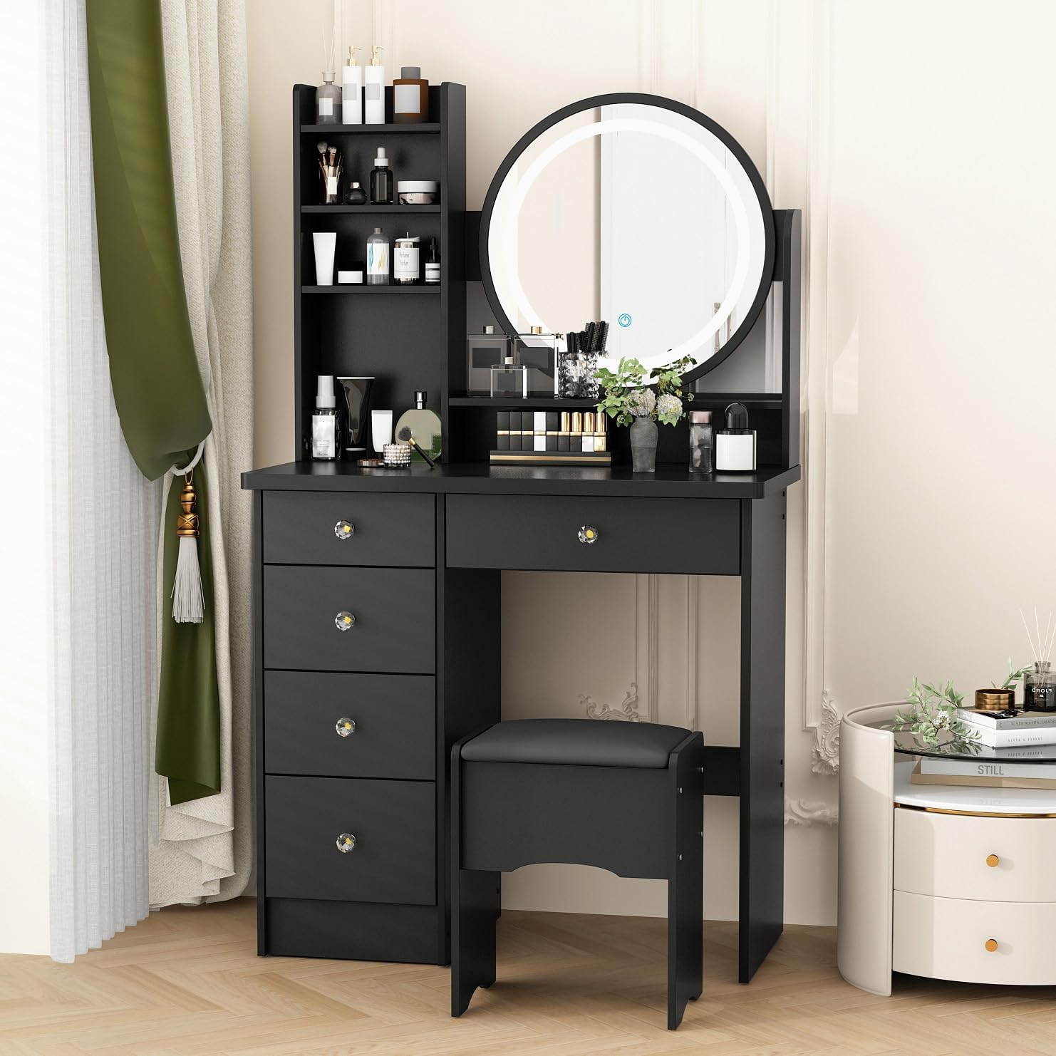 Timechee Make up Vanity Desk with Mirror and Lights,Vanity Mirror with Lights,Vanity Set with Chair,Storage Drawers,Shelves & Cushion Stool,Makeup Table with Round Lighted Mirror for Bedroom,Black