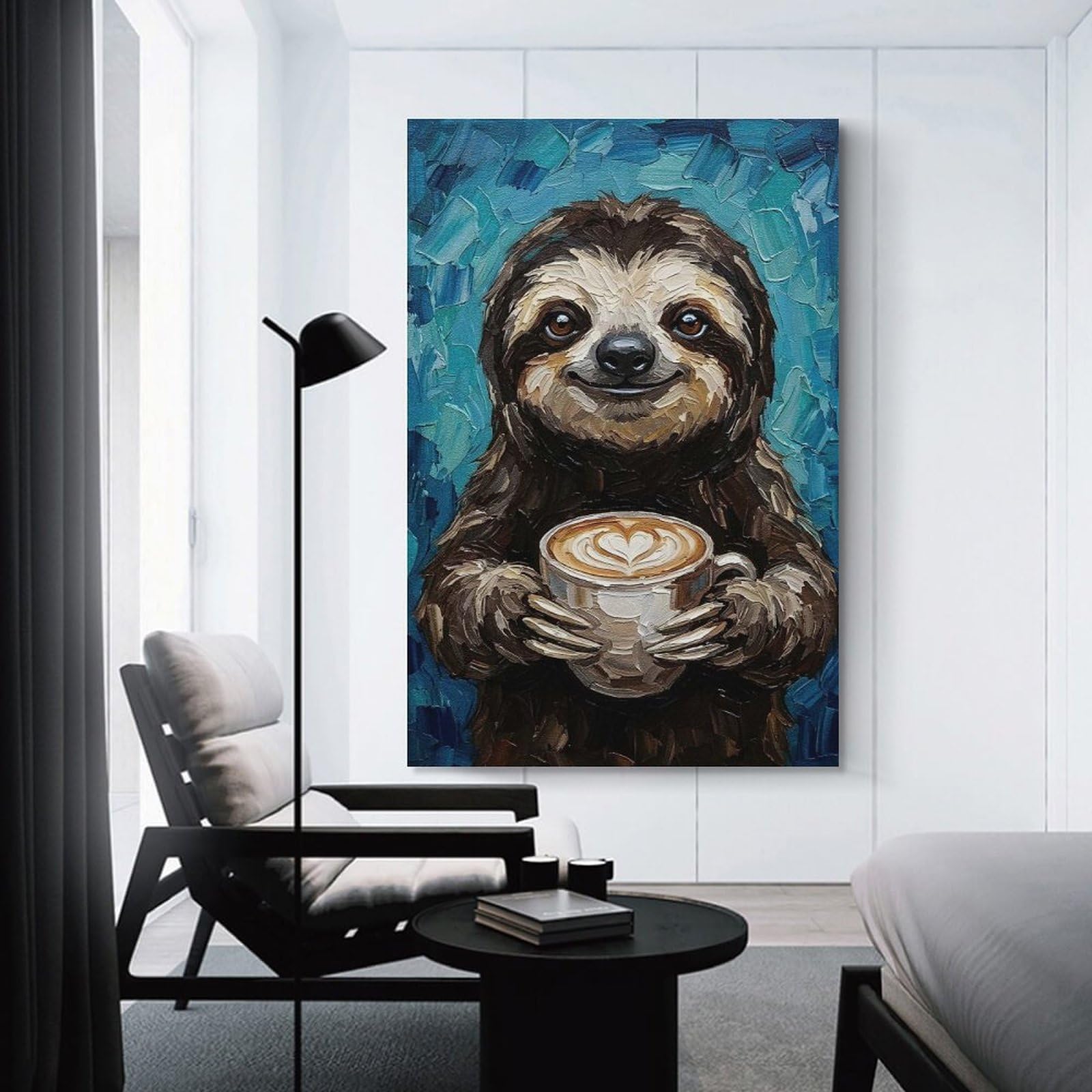 Junmoney Sloth with Coffee Painting Room Decor Wall Art 24x36inch(60x90cm), for Bedroom, Guest Room Or Reading Nook, An Easy Wall Refresh for Bedrooms