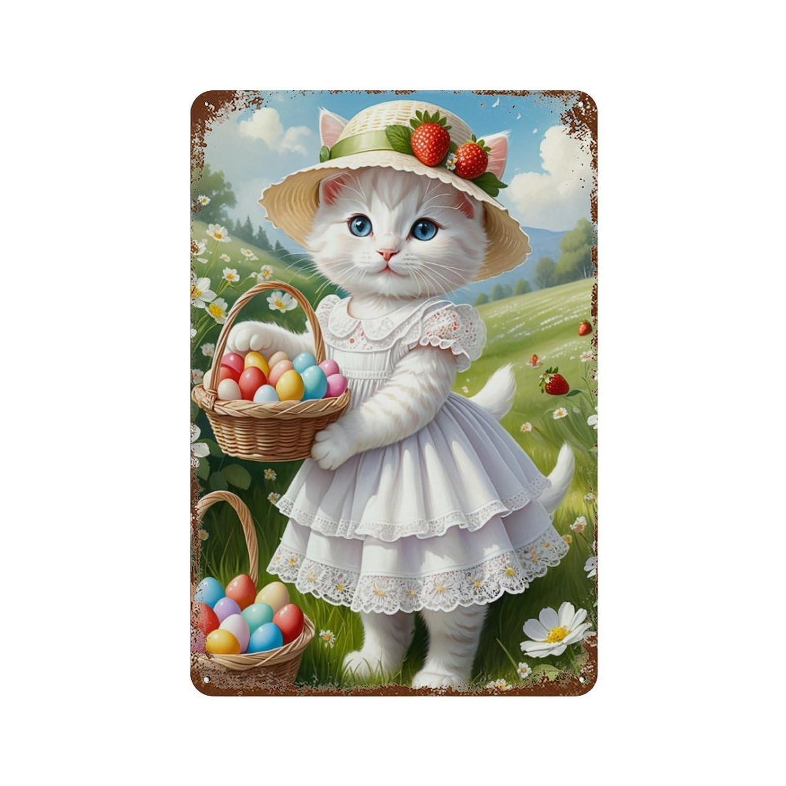 Easter Cat Basket Eggs Aged Metal Wall Plaque 11.8"x7.9", Industrial Home Decor for Garage, Pub Or Kitchen
