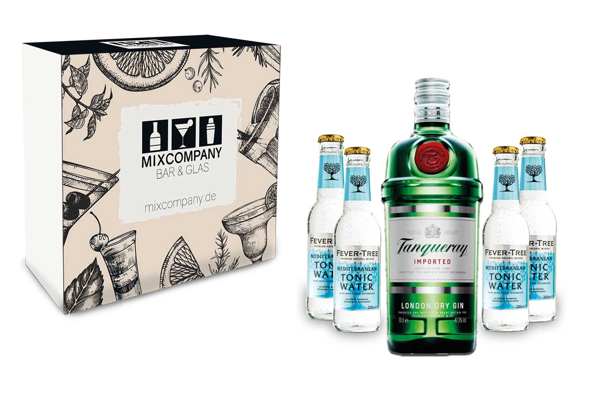 Tanqueray Geschenkset - London Dry Gin 0,7l 700ml (47,3% Vol) + 4x Fever Tree Mediterranean Tonic Water 200ml inkl. Pfand MEHRWEG + Geschenkverpackung