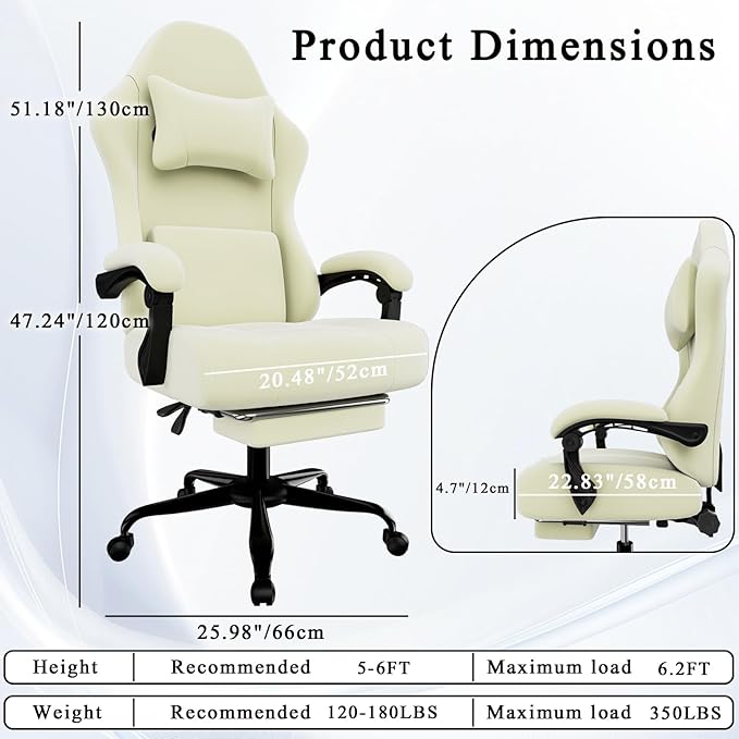 Ergonomic Gaming Chair, Video Game Chair with Massage Lumbar Support and Footrest, Height Adjustable Fabric Computer Chair with Pocket Spring Cushion (White)