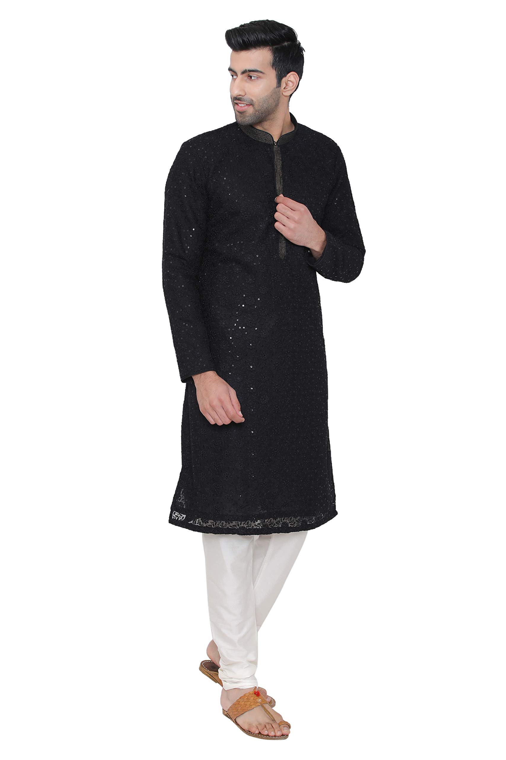 Manyavar Embroidered Knee Long Full Sleeves Kurta and Churidar Set for Men - (Black, Large) (SOSK452) 2