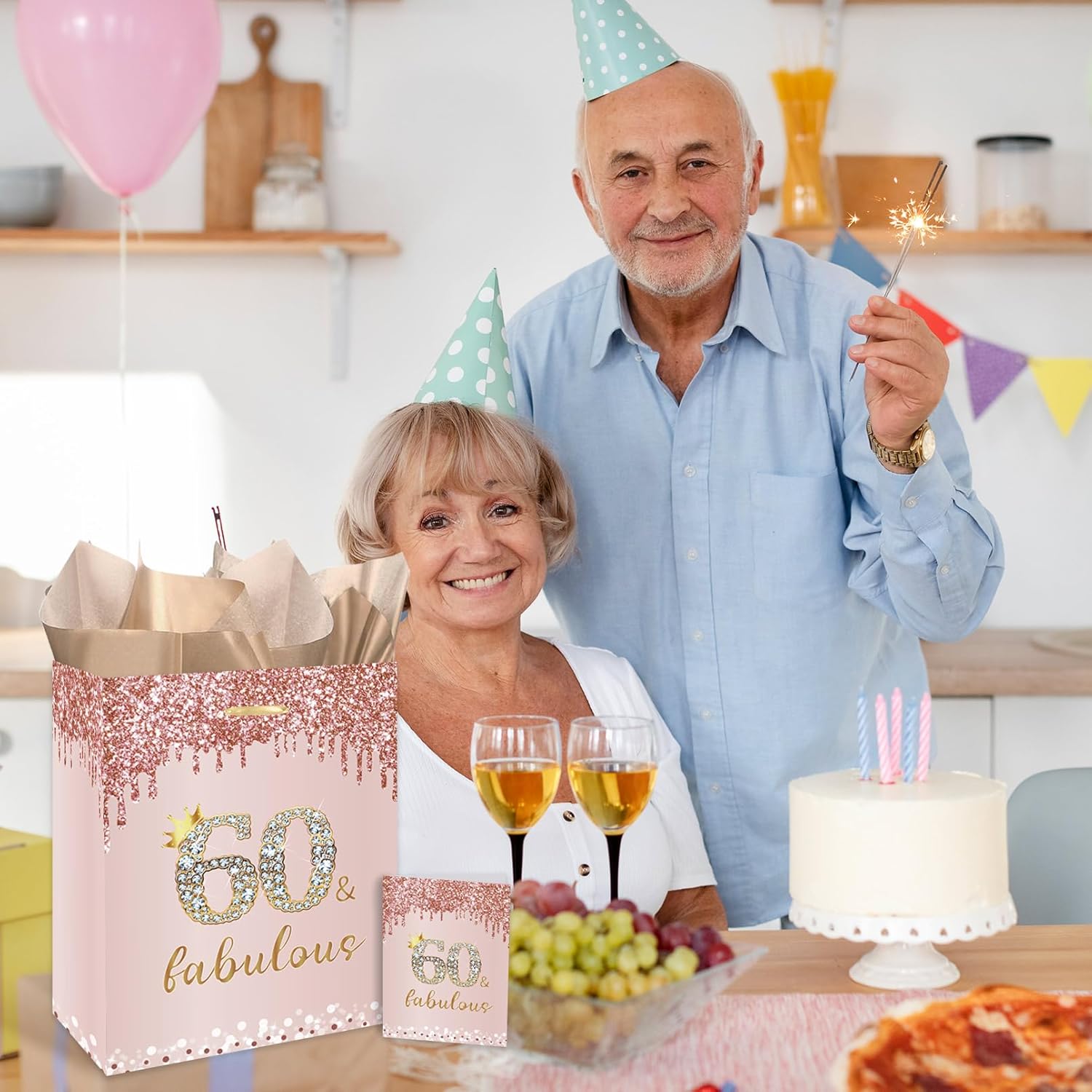 GOLDCROW Rose Gold 60th Birthday Gift Bag for Women - Large Pink With Handles, Wrapping Paper and Card for Party Decorations and Supplies - Image 7