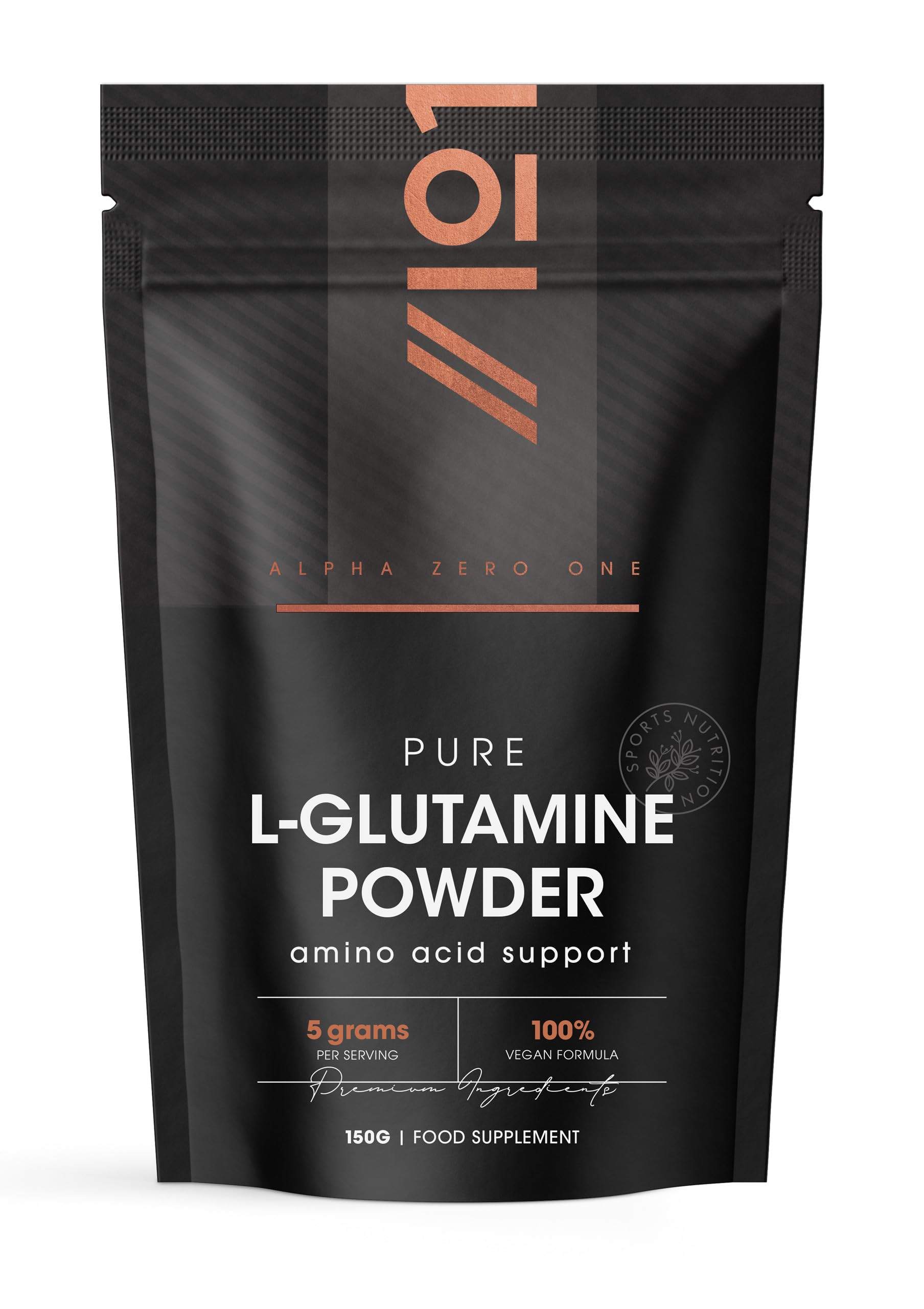L-Glutamine Powder 150g – Unflavoured – Vegan Fermented Amino Acid – 100% Pure – Resealable and Recyclable Pouch by Alpha01