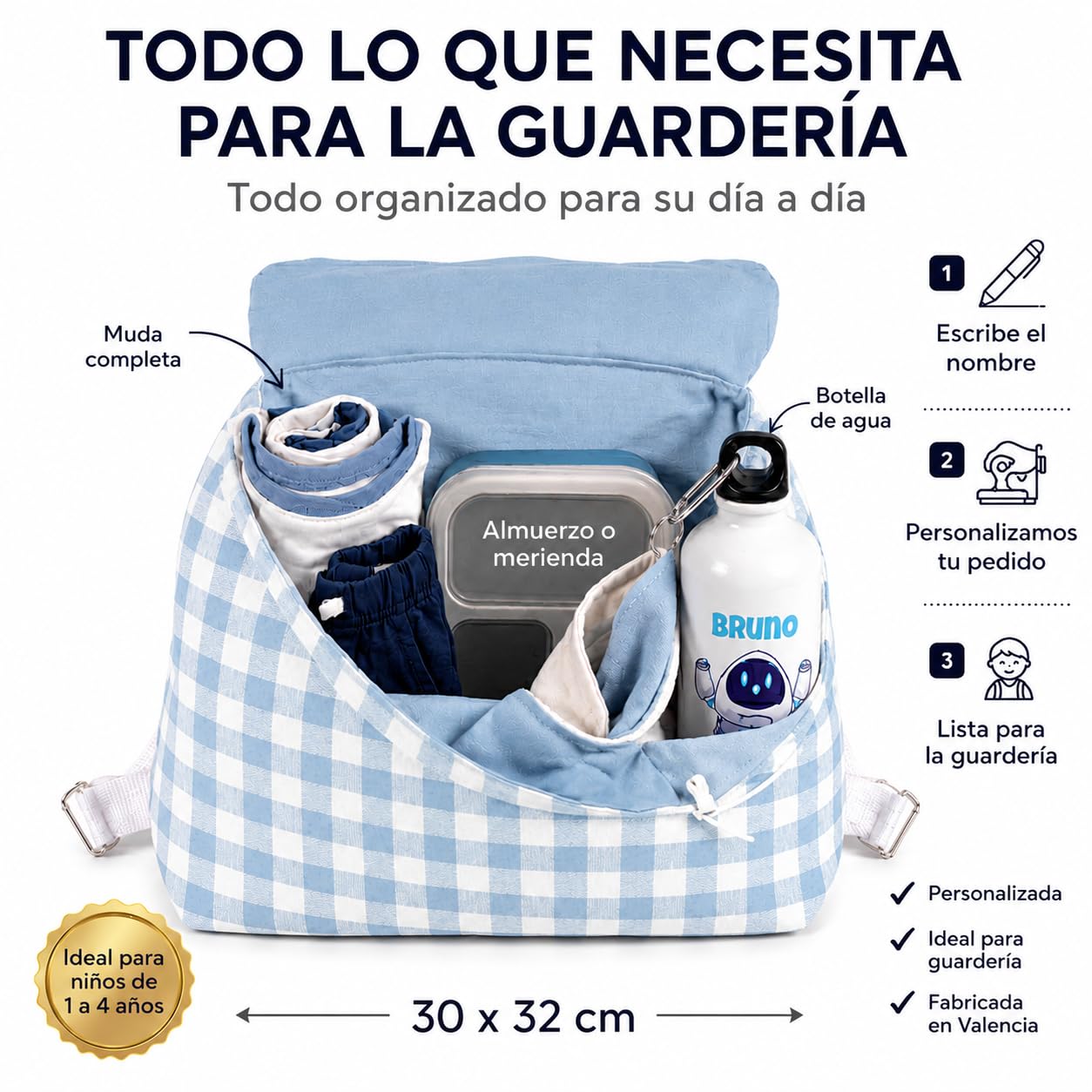 Mochila Infantil Personalizada con Nombre | Mochila Bebé para Guardería y Colegio | Mochila Vichy de Algodón con Solapa y Cordón Ajustable | Hecha en España