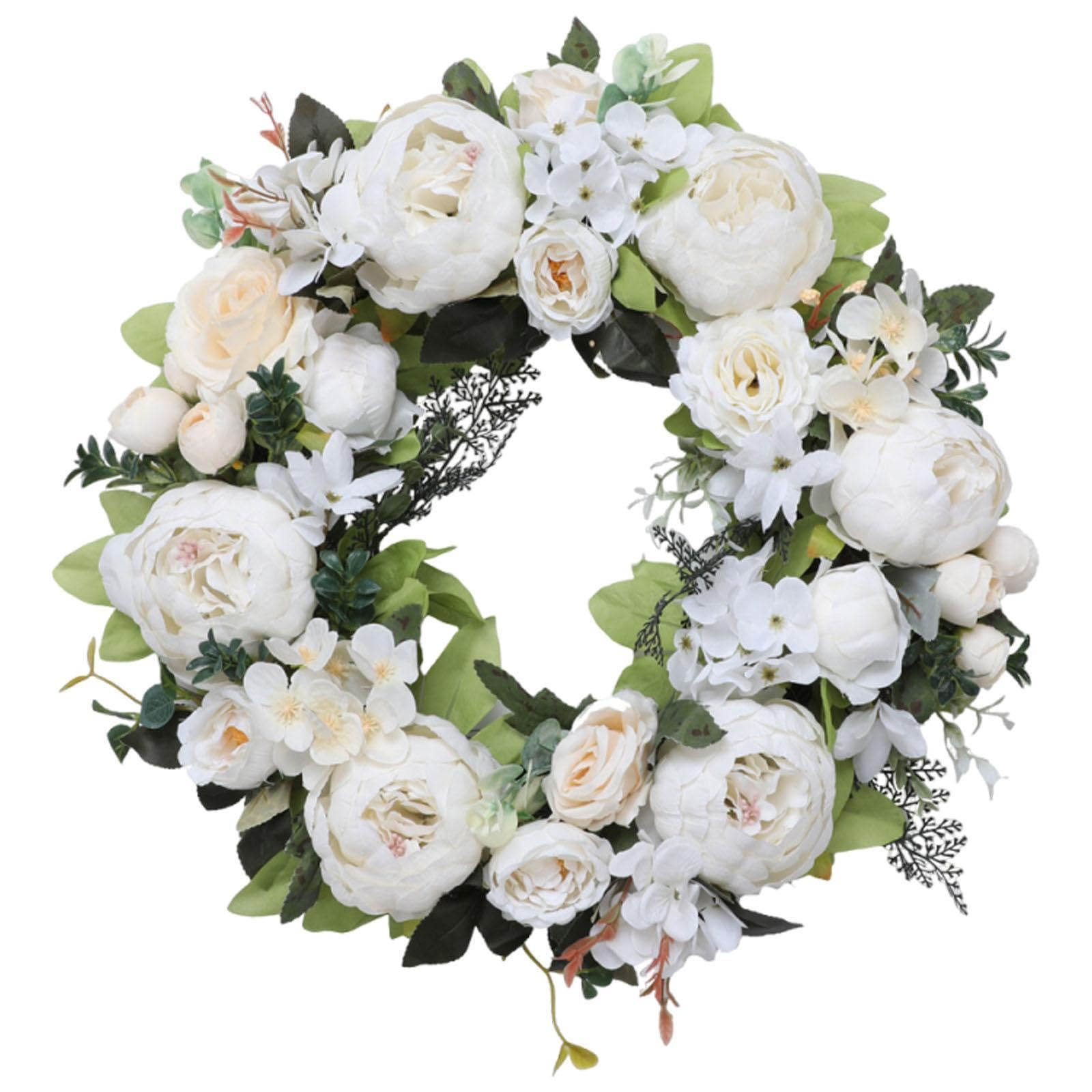 Ghirlanda Di Peonie Artificiali,Ghirlanda Primaverile in Fiori Di Seta E Plastica, Corona Di Pasqua Da 45 Cm Di Diametro per Matrimoni, Feste, Porte D'ingresso, Pareti, Finestre, Bianco