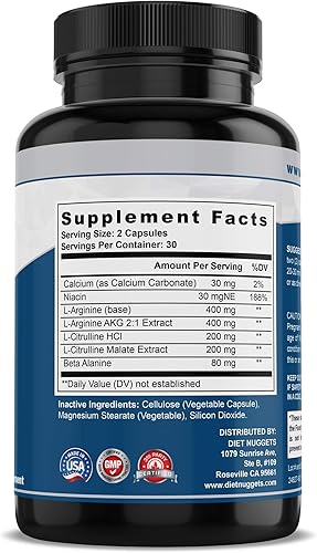 Miniatura 3 de Diet Nuggets L-Arginina 1000 mg Cápsulas - 60 Cápsulas Suplementos de óxido nítrico para hombres y mujeres - Fórmula totalmente natural sin OMG -