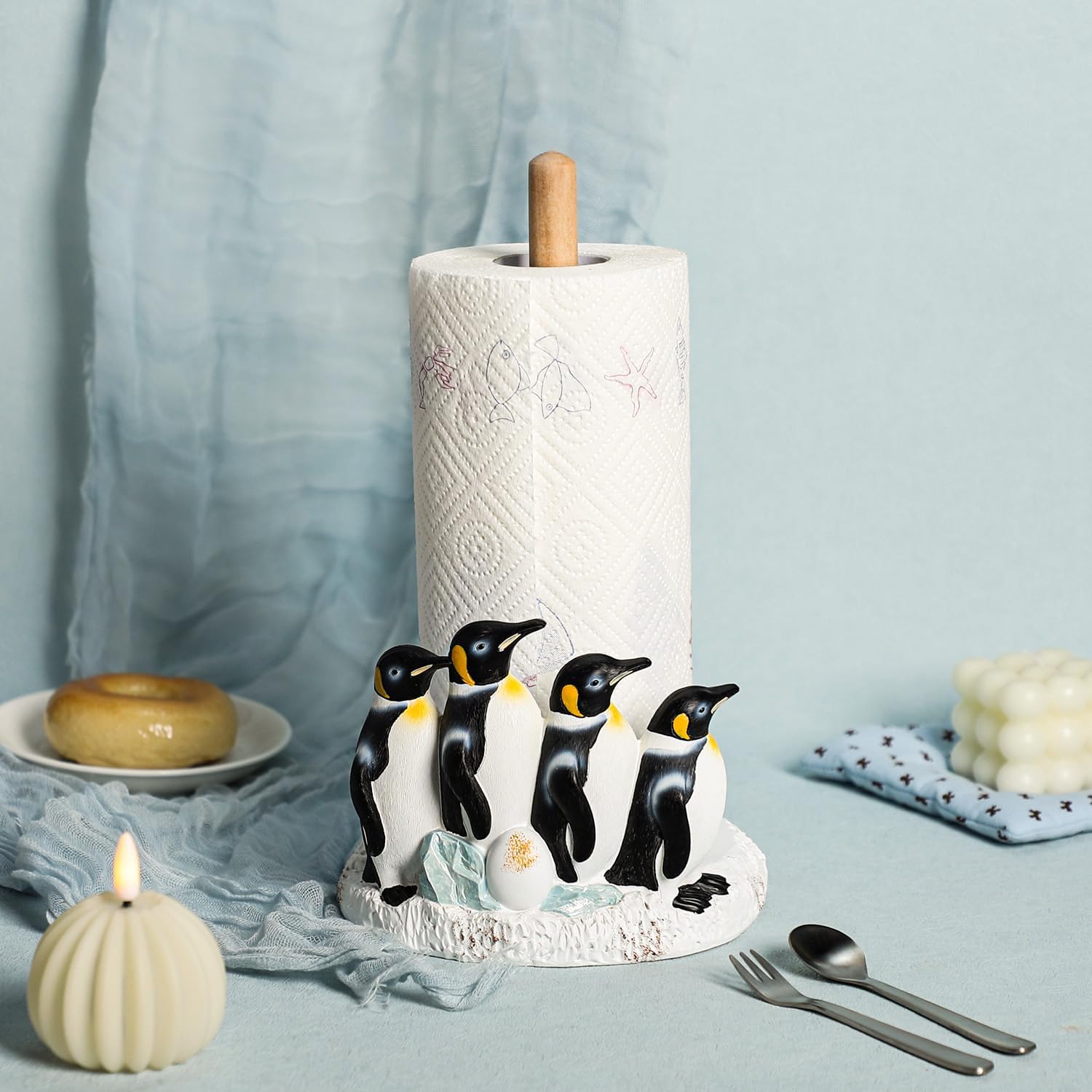 Colias Wing 3D Penguin and Egg Embossed Paper Towel Holder Stand, Resin Penguin Crafts Display for Kitchen Countertop,Table Top Restaurant Cake Shop Dessert Shop
