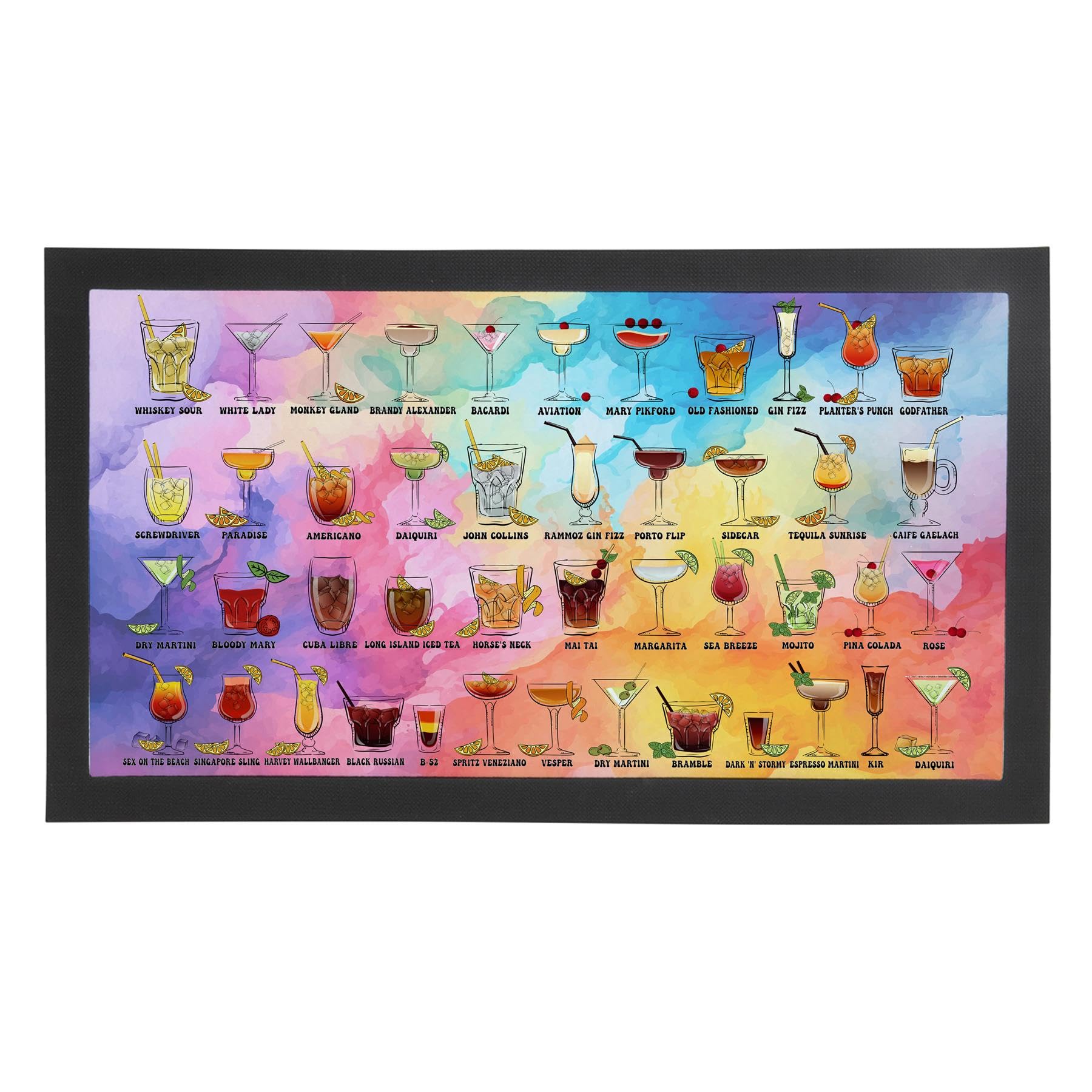 Colourful Cocktails Bar Mat - Black Non-Slip Table Runner Barware/Pub/Cafe Service Mat - 44x25cm - Gifts for Cocktail/Mocktail Lovers