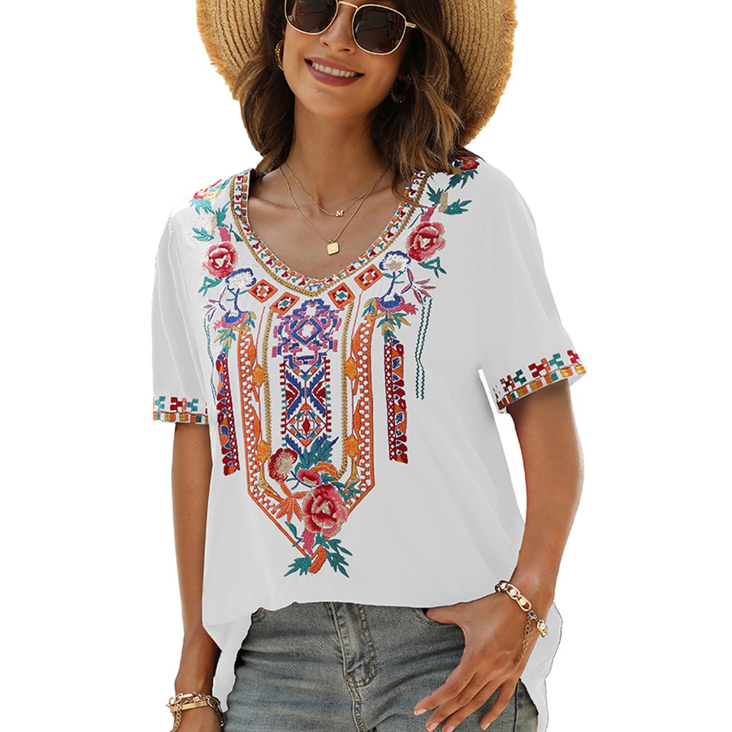 drakloak Boho Stickerei Bluse Hippie Kleidung Damen Bohemian Folklore Stickerei Bluse Kurzarm V Ausschnitt Tunika Sommer LäSsige Oberteil