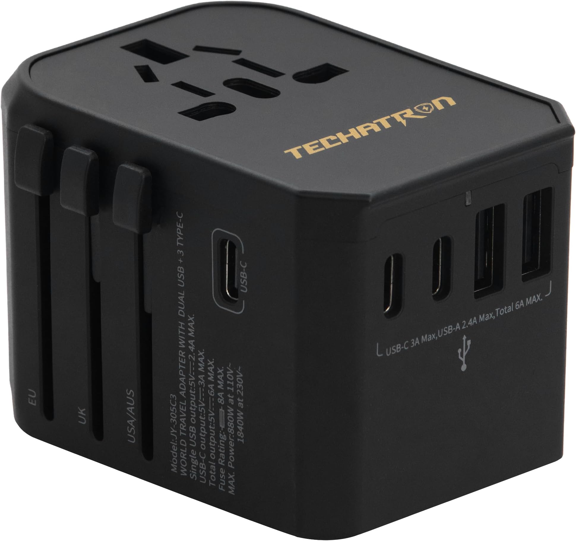 6-in-1 Universal Travel Adapter (Type C/G/A/I) for US/AU/UK/EU, 6 AMPS, 2 USB-A, 3 USB-C, 1 AC Socket, European Travel Plug Adapter, International Power Adapter, Black