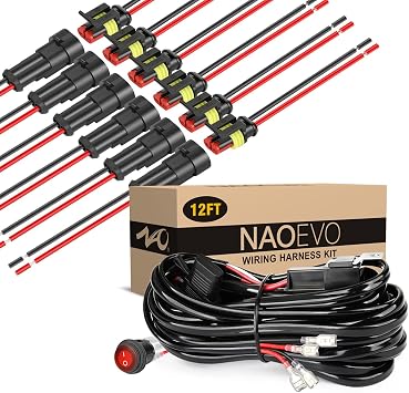NAOEVO 12FT LED Light Bar Wiring Harness Kit 16AWG 2 Leads 12V On Off Waterproof Switch Power,2 Pin Connector, Waterproof Wire Connectors