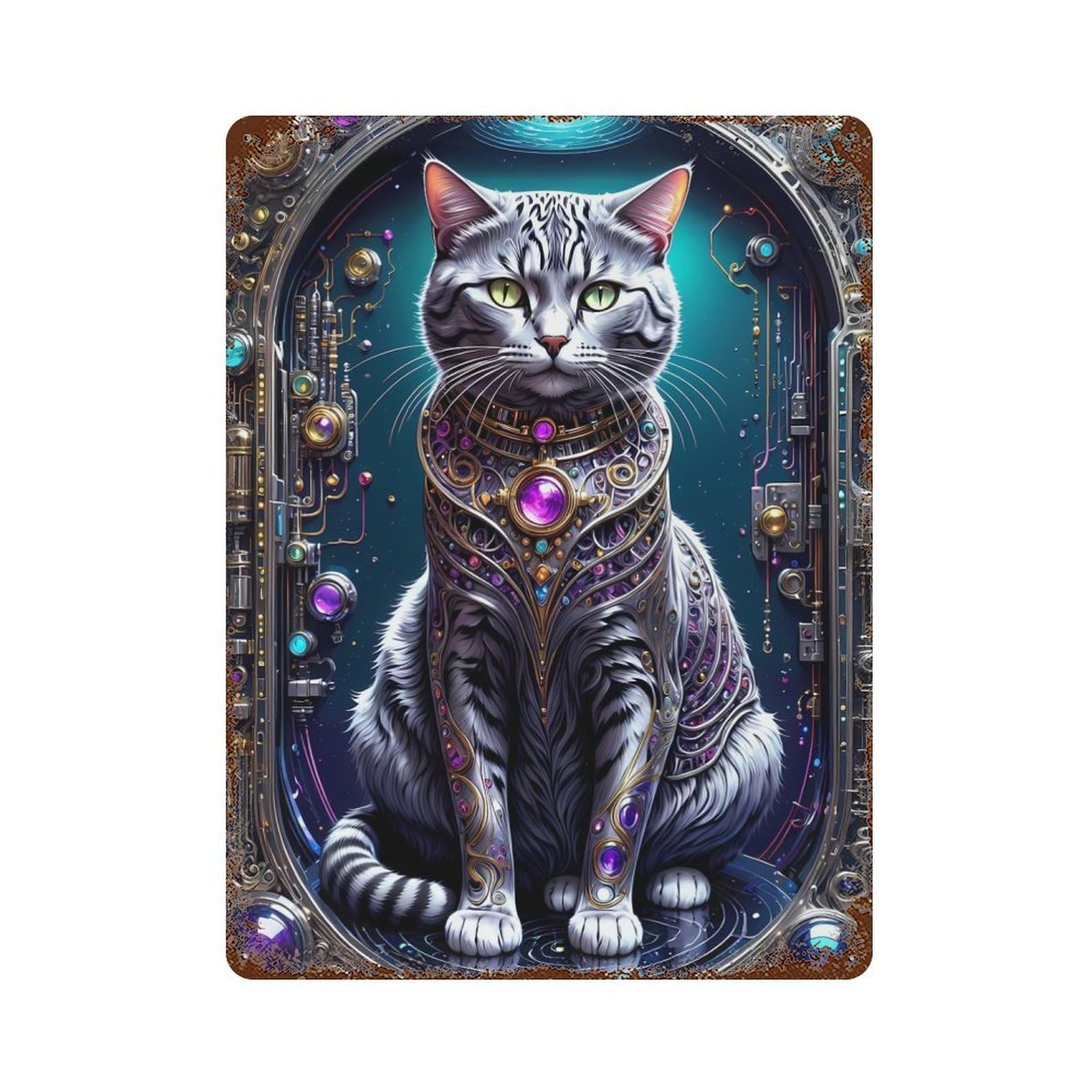 Decorative Tin Sign with Galactic Cat Chronicles Design 15.7"x11.8", for Basement, Hobby Room And Garage Decor, Farmhouse Wall Decor