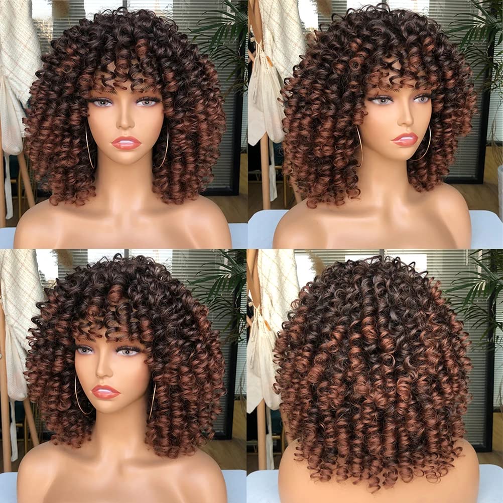 Dioche Krótkie Kręcone Peruki Afro dla Czarnych Kobiet Miękka Peruka z grzywką Bez Wydzielania Ciepła Włosy Syntetyczne Cosplay Party Codzienne Noszenie (WINE RED)