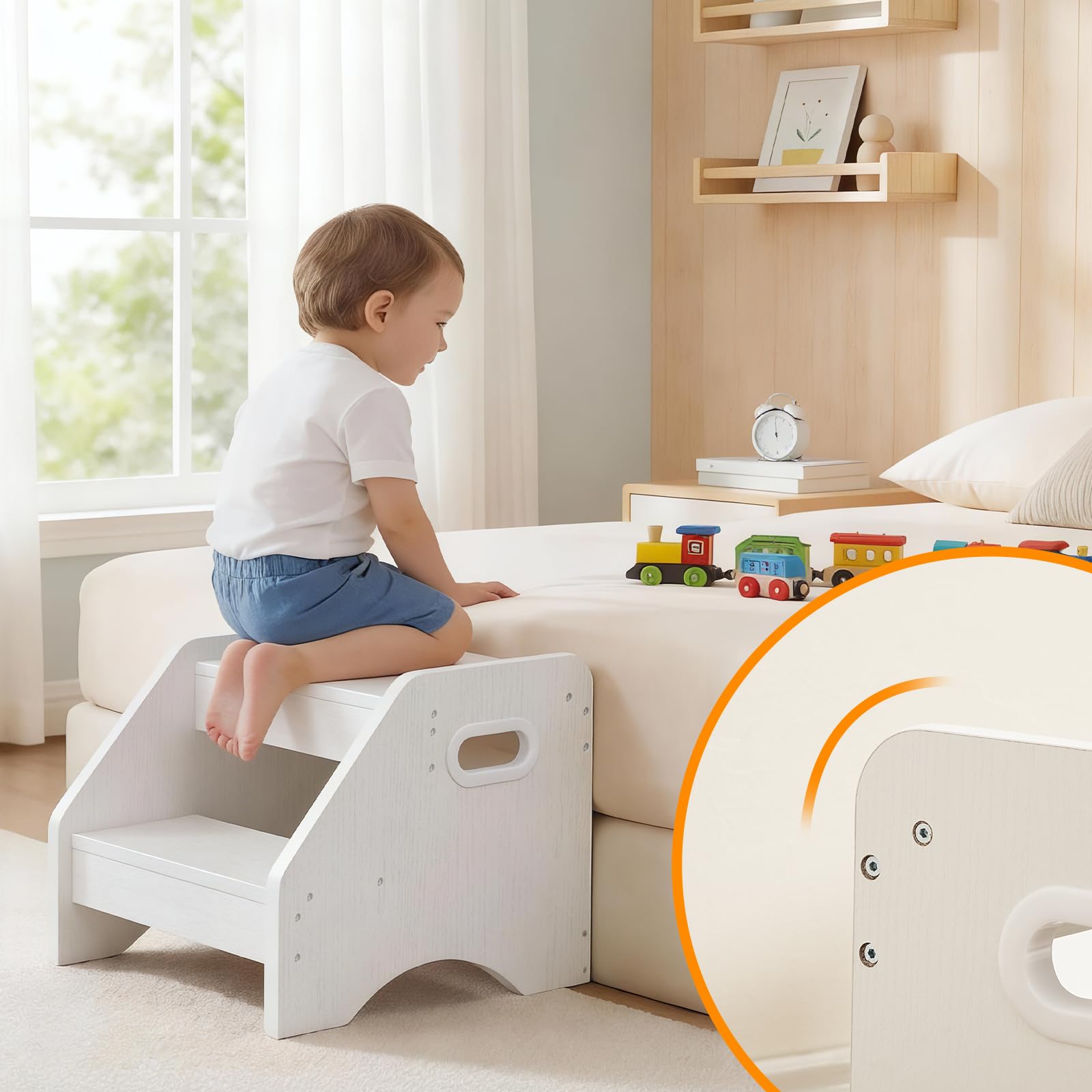 HOOBRO Scaletta a 2 Gradini Bambini in Legno, Sgabello con Maniglie Antiscivolo, Portata 30 kg, Bianco