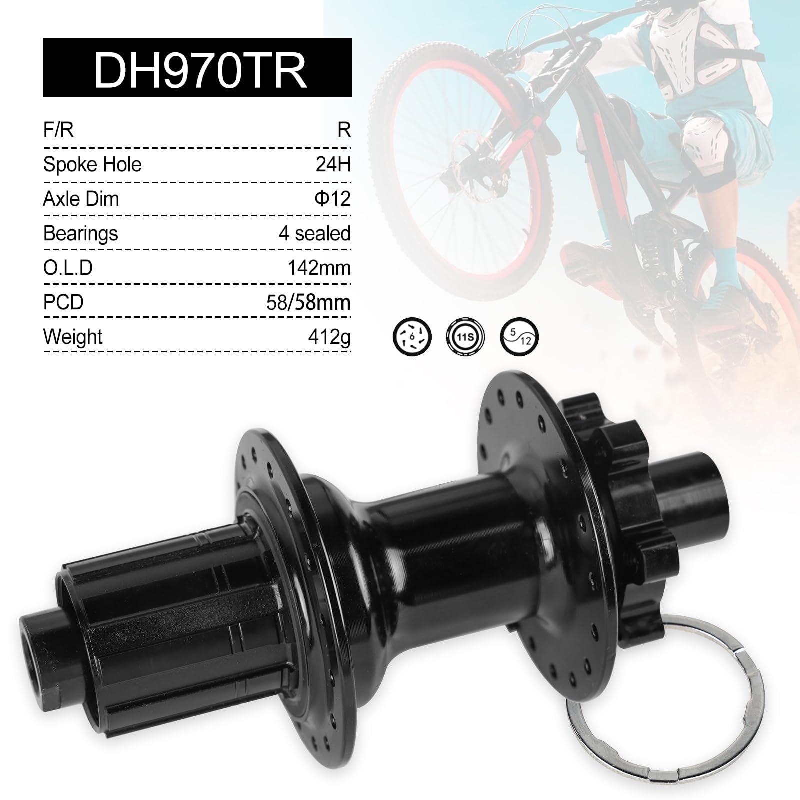 DH970TR 11 piasta tylnego koła prędkości do 6-śrubowego hamulca tarczowego, cztery łożyska, 14G * 32H kaseta Freehub, oś 12x142mm, czarna