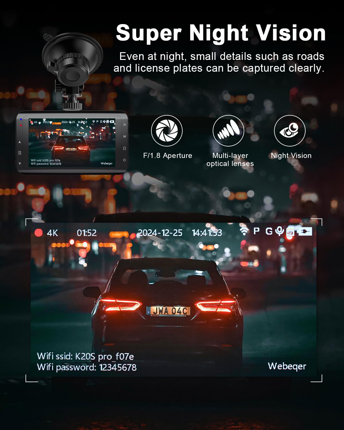 Kamera samochodowa na deskę rozdzielczą 4K, WiFi z kartą SD 64 GB, funkcja noktowizoru, kąt widzenia 170°+140°, IPS, monitorowanie parkowania, czujnik G, nagrywanie w pętli, kabel do ładowania, maks.