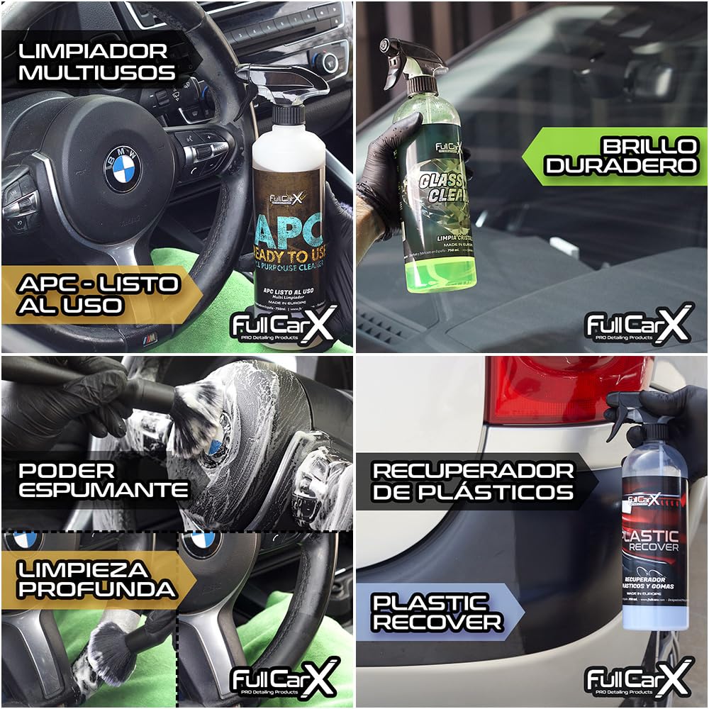 FULLCARX Kit Limpieza Coche Exterior Interior Detailing, Limpia Llantas, Tapicería, Renovador Plásticos Salpicaderos, Champú PH Neutro y Alcalino Rosa, Cera Carnauba, APC Listo al Uso Limpiacristales
