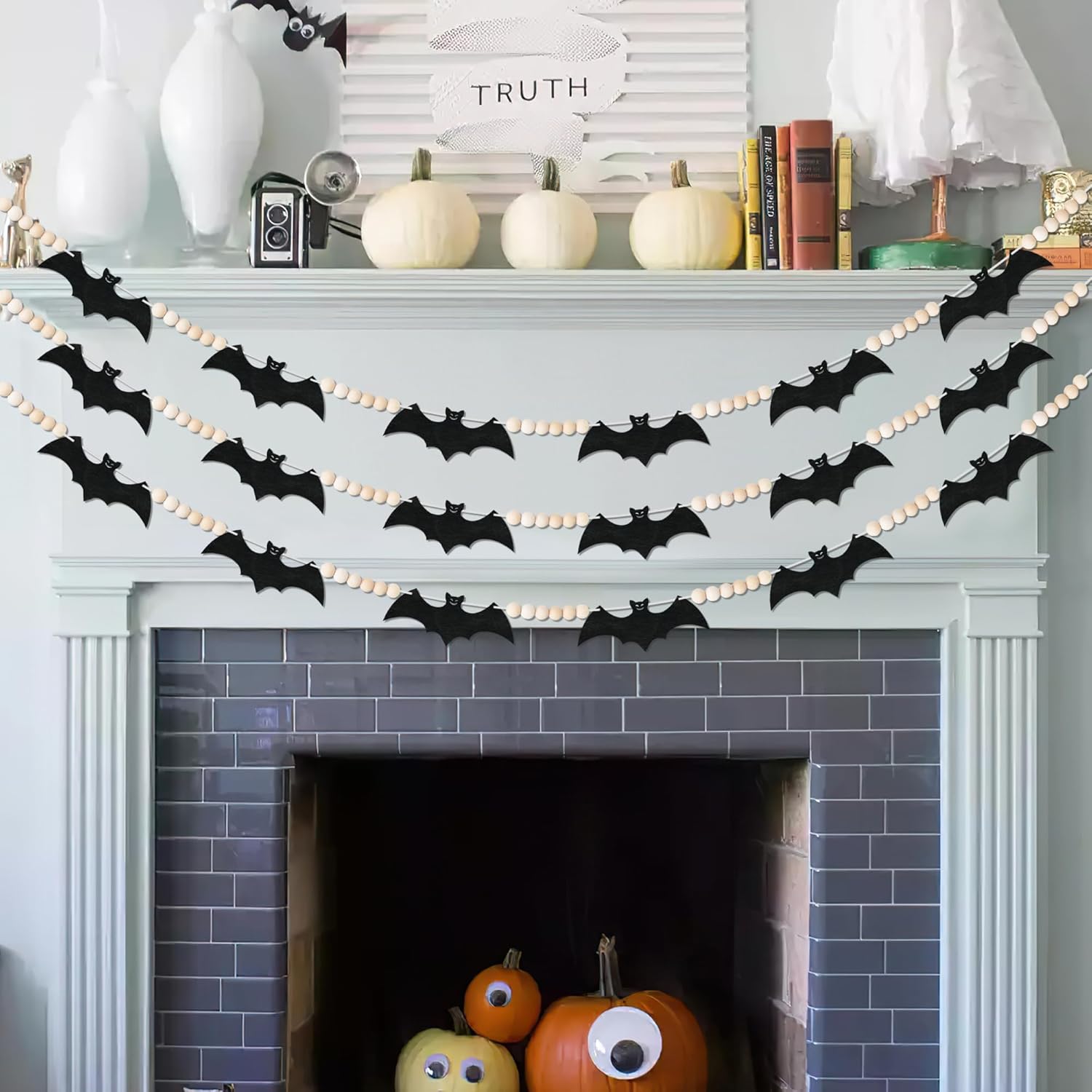 Halloween Decorations Indoor NO DIY 3PCS Felt Bats Wood Beads Garland for