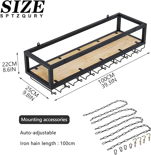 Miniatura 9 de Estante de techo para copas de vino, estante colgante para vino con soporte para vidrio y estante, soporte para botellas de vino colgante industrial