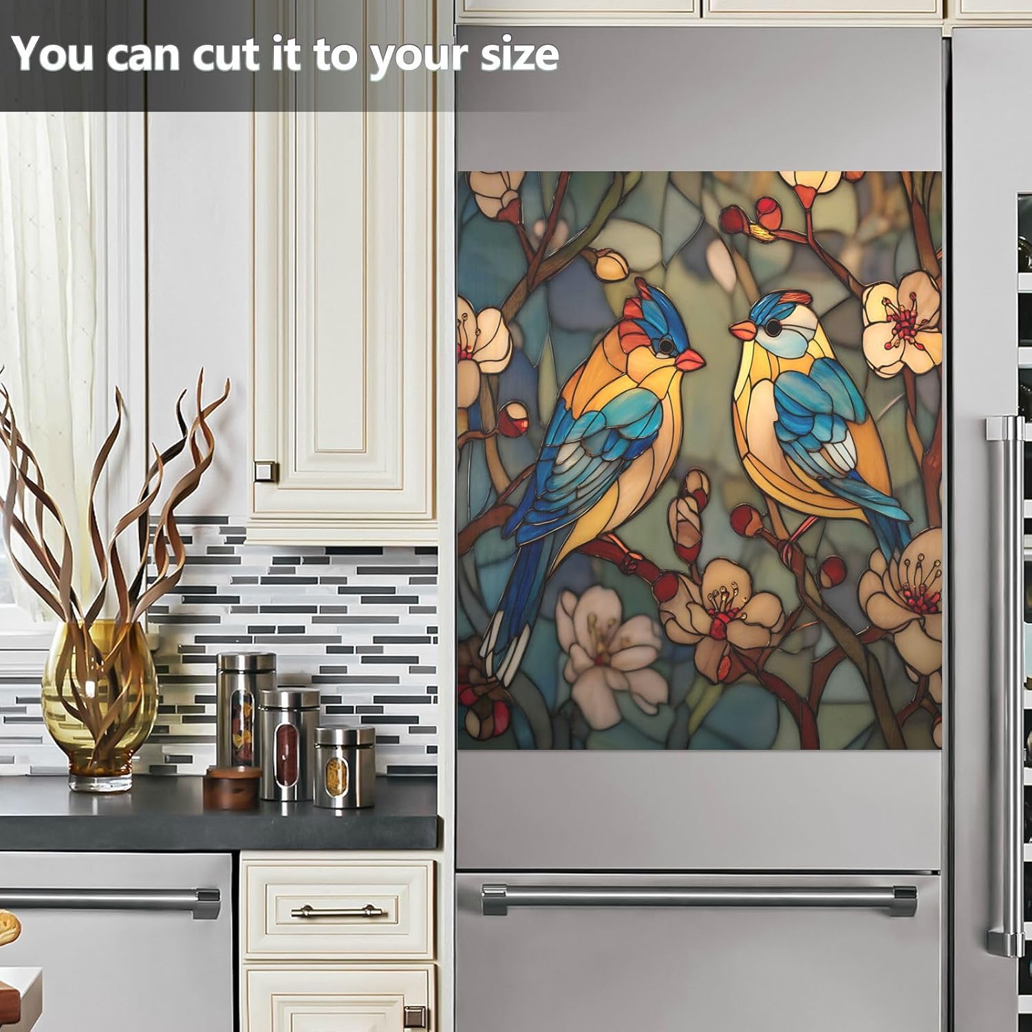 Stained Glass Birds Pattern Dishwasher Magnet Cover Fridge Panel Decal Magnetic Dishwasher Sticker Cover for Kitchen Appliance Holiday Decoration 23x26 in