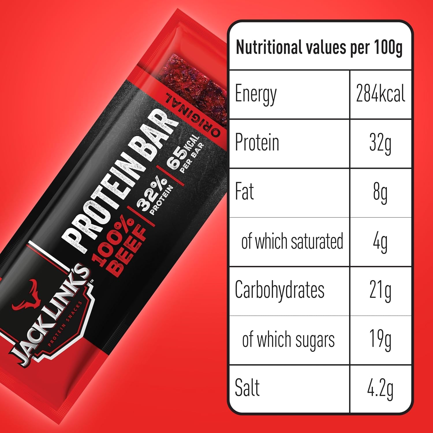 Jack Link’s Barrita Proteica Beef Original - Pack de 30 (30 x 22,5 g) - Barrita de proteínas low carb - Barrita energética de carne - Snack para llevar, gimnasio y fitness - Snack alto en proteínas