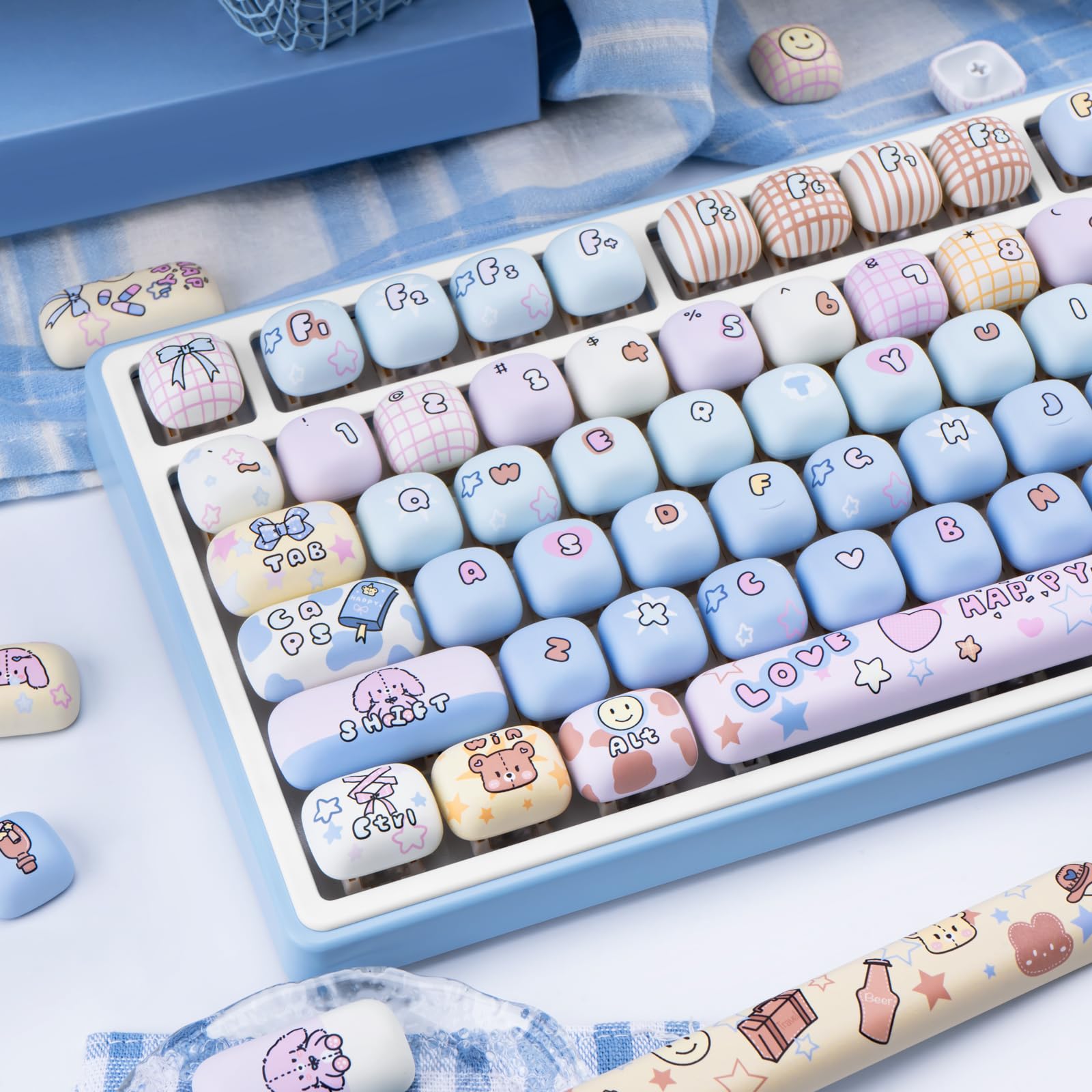 Lot de 136 touches PBT mignonnes par sublimation par sublimation Kawaii, bleu, rose, profil MOG, touches personnalisées pour claviers mécaniques Cherry Gateron MX Swithes