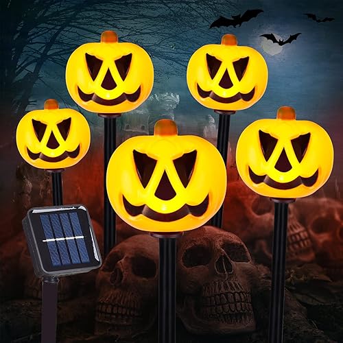 BRIGHTDECK Juego de 5 luces de estaca de calabaza de Halloween, calabazas 3D iluminadas con energía solar para exteriores, impermeables, para