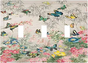 Decorative Switch Covers Plate Boho Wildflowers Butterfly Rustic Blue Pink Flowers 3 Gang Wall Plate Oversized Triple Toggle Light Switch Plate Jumbo Faceplate for Country Home Decor