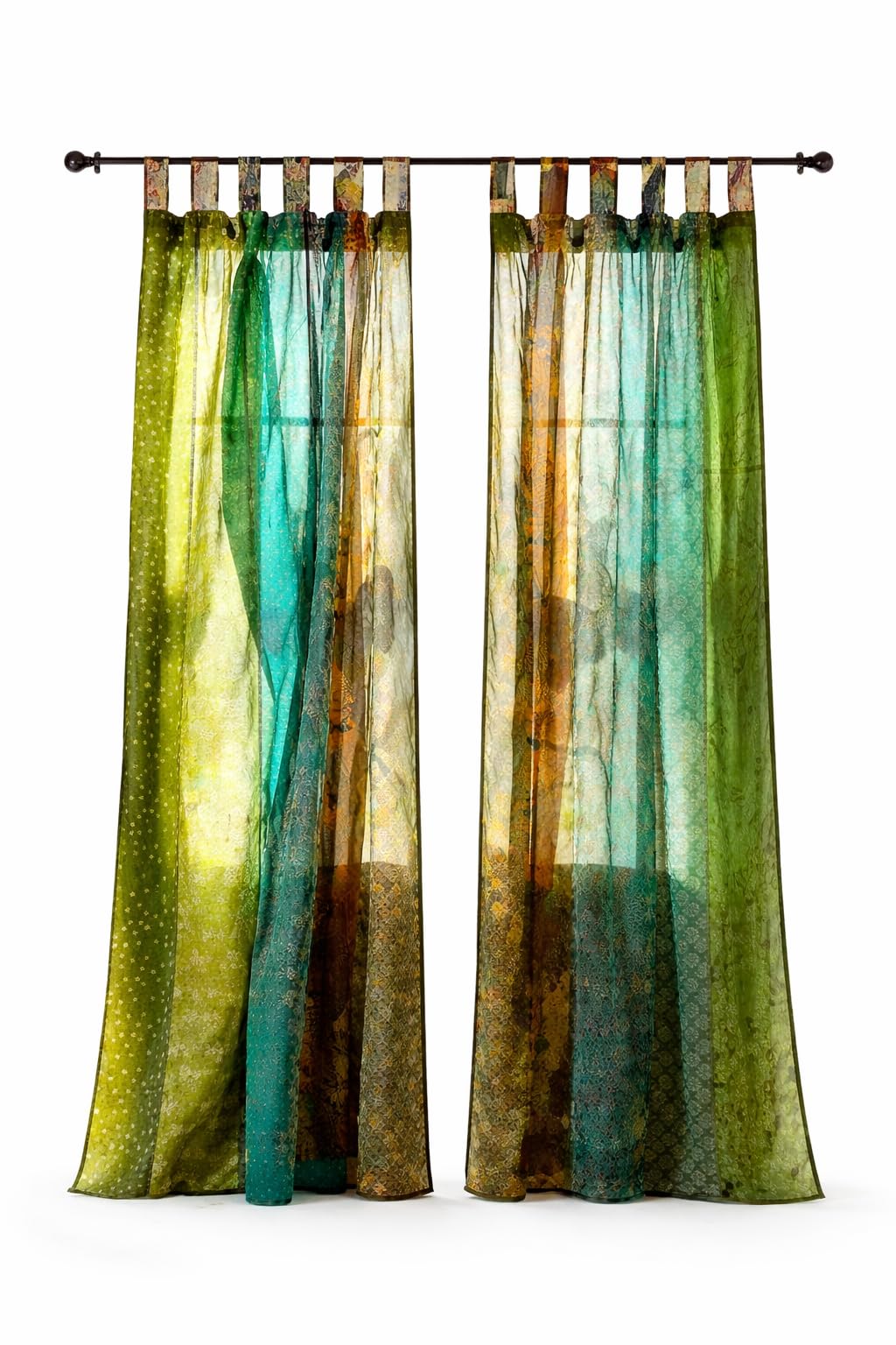 AFFERTO Decorative Silk Sari Curtains, Unique Patchwork Design, Light Filtering Window Panels for Living Room and Bedroom, 84 inches Long, Green