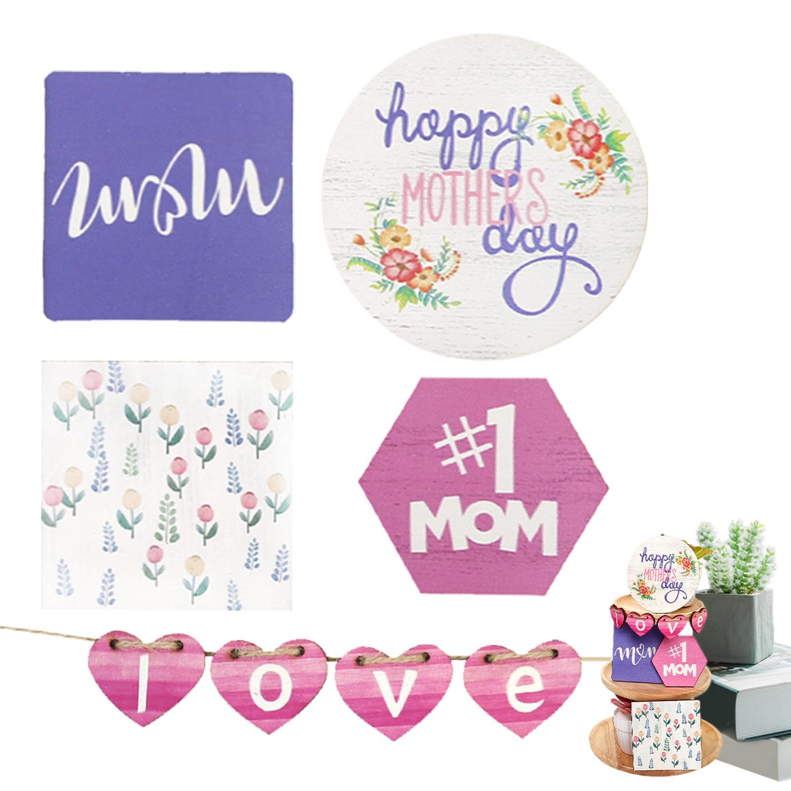 Tray Mother's Day Sign - Wooden Tiered Tray Decor to Celebrate Mother's Day | Express Love and Appreciation Seasonal Decors for Dining Tables, Fireplaces