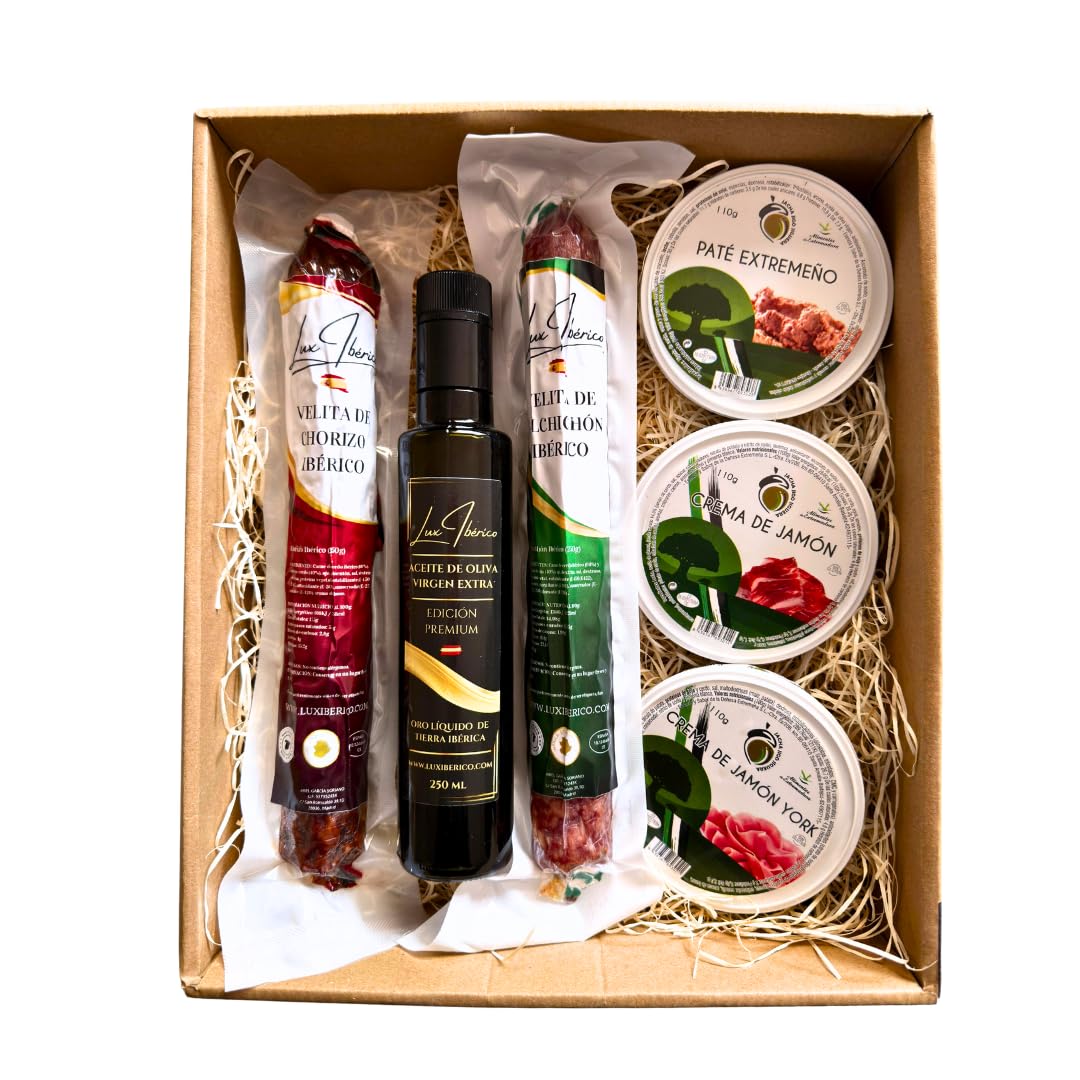 LUX IBÉRICO - Cesta Gourmet Zurbarán - Patés y Embutido Ibérico | Velitas de chorizo y salchichón ibérico, tres patés extremeños y aceite de oliva virgen extra. Lista para regalar.