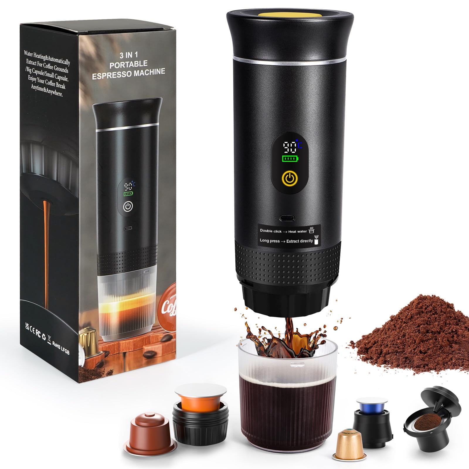 Macchina da caffè elettrica portatile 3 in 1, con display a LED, autoriscaldante, USB-C, macchina da caffè da viaggio, compatibile con capsule grandi e piccole/caffè macinato, per campeggio