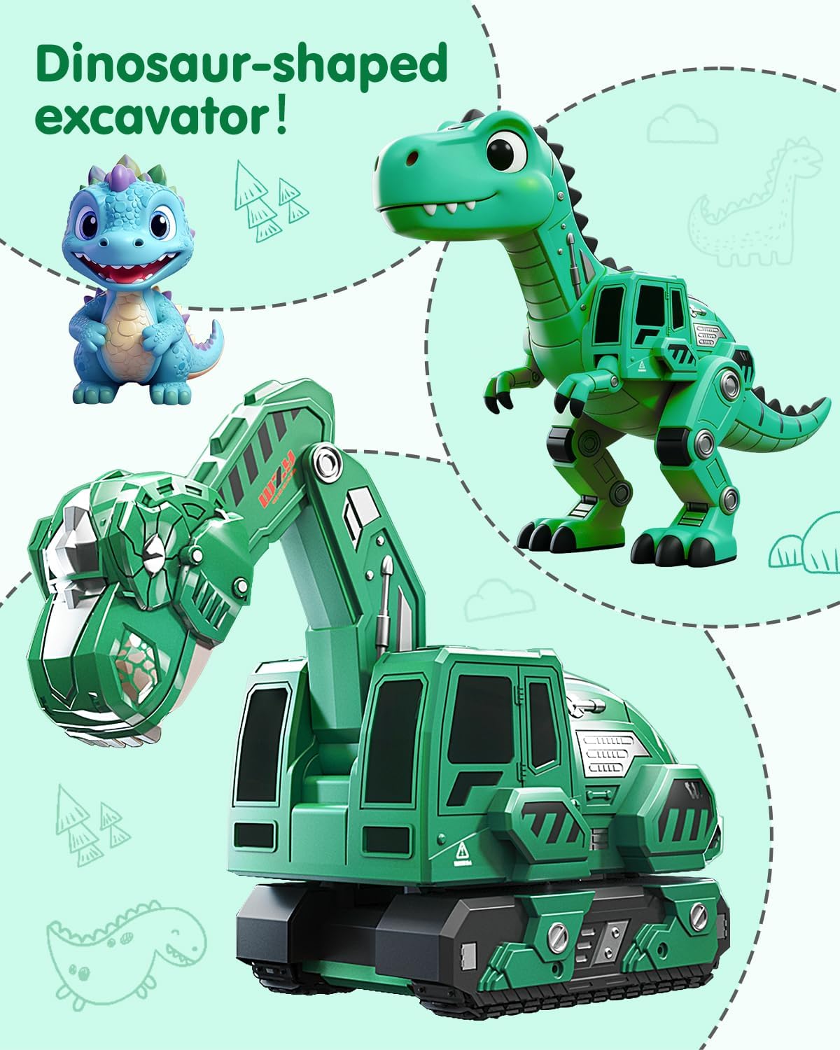Remote Control Excavator Toys for Boys 4-7, Construction Trucks 2.4GHz RC Excavator with Light and Sound, Dinosaur Toys for Kids 3-5, Christmas Birthday Gifts for Kids (Green)