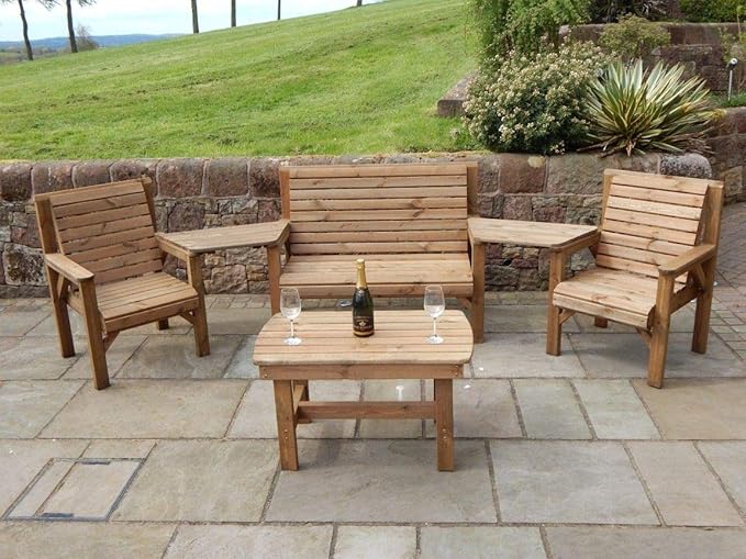 WOODEN GARDEN FURNITURE ANGLED COMPLETE SET COFFEE TABLE 1 BENCH 2