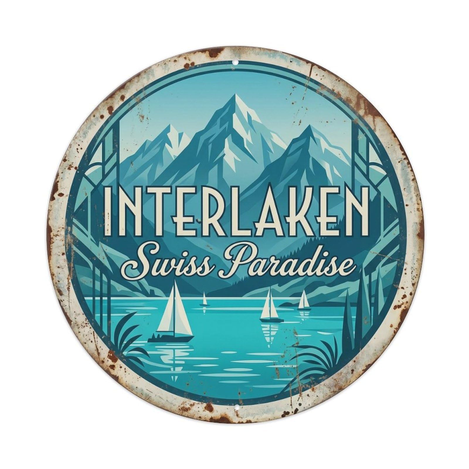 Vintage Travel Thun Lake Switzerland Metal Tin Sign Plaque Wall Decor for Cafe, Club Bar, Office, Home Garden Round Metal Poster 8x8Inch