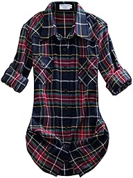 Match Womens Button Down Flannel Plaid Shirts roll up Long Sleeve Shackets Business Blouse Top