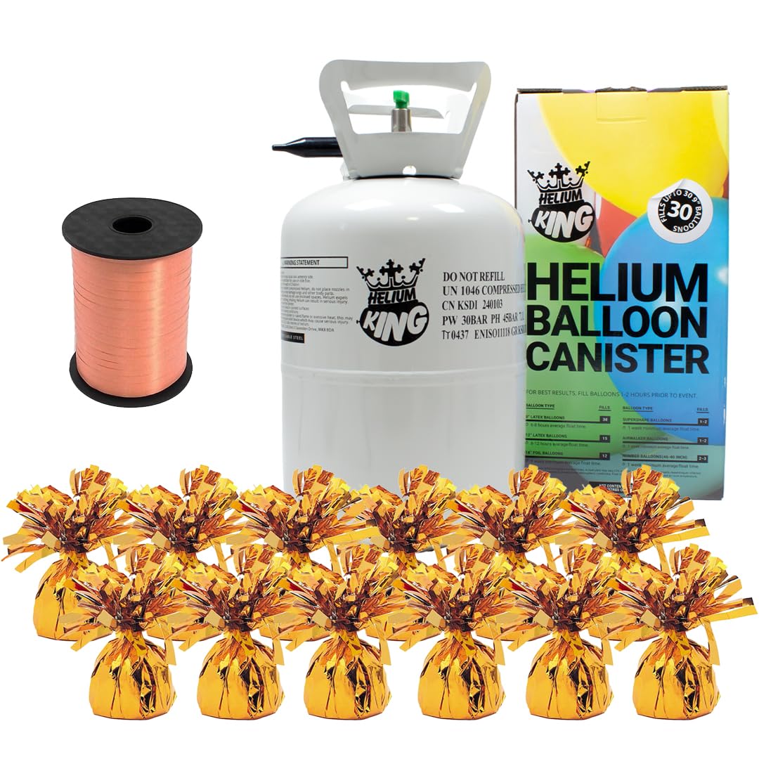 Small Helium Canister with Curling Ribbon and 12 Orange Foil Balloon Weights