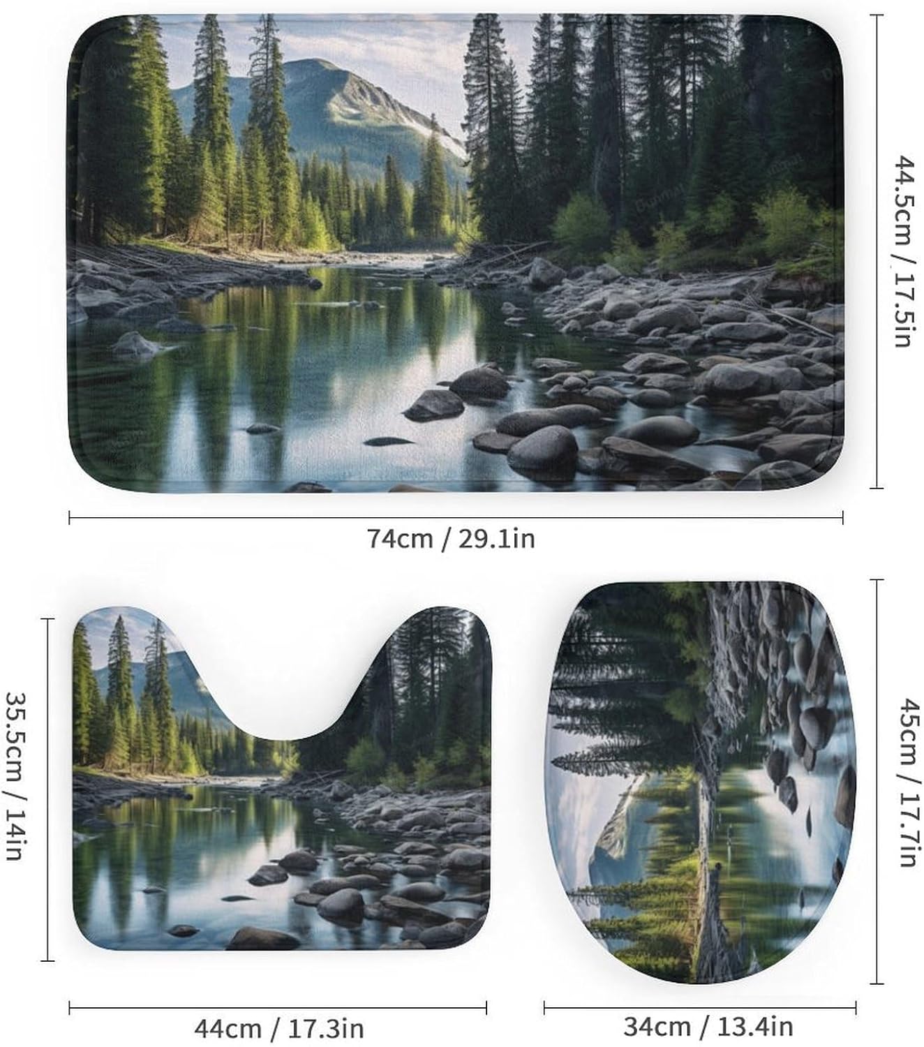 Mountain Forest View Shower Curtain Set, Includes Non-Slip Rugs, Toilet Lid Cover, Bath Mat, Nature River Landscape Stream Shower Curtain with 12 Hooks for Bathroom Decor