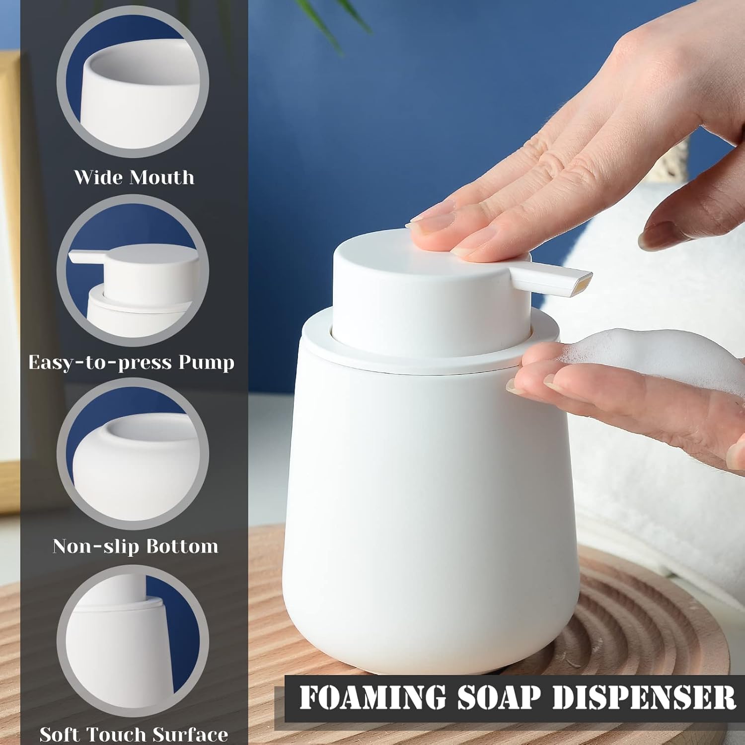 BosilunLife Foam Soap Dispenser - 12 oz Bathroom Lotion Pump, White Ceramic Dish Liquid Dispenser for Kitchen and Hand Wash (Rubber Paint) - Image 3