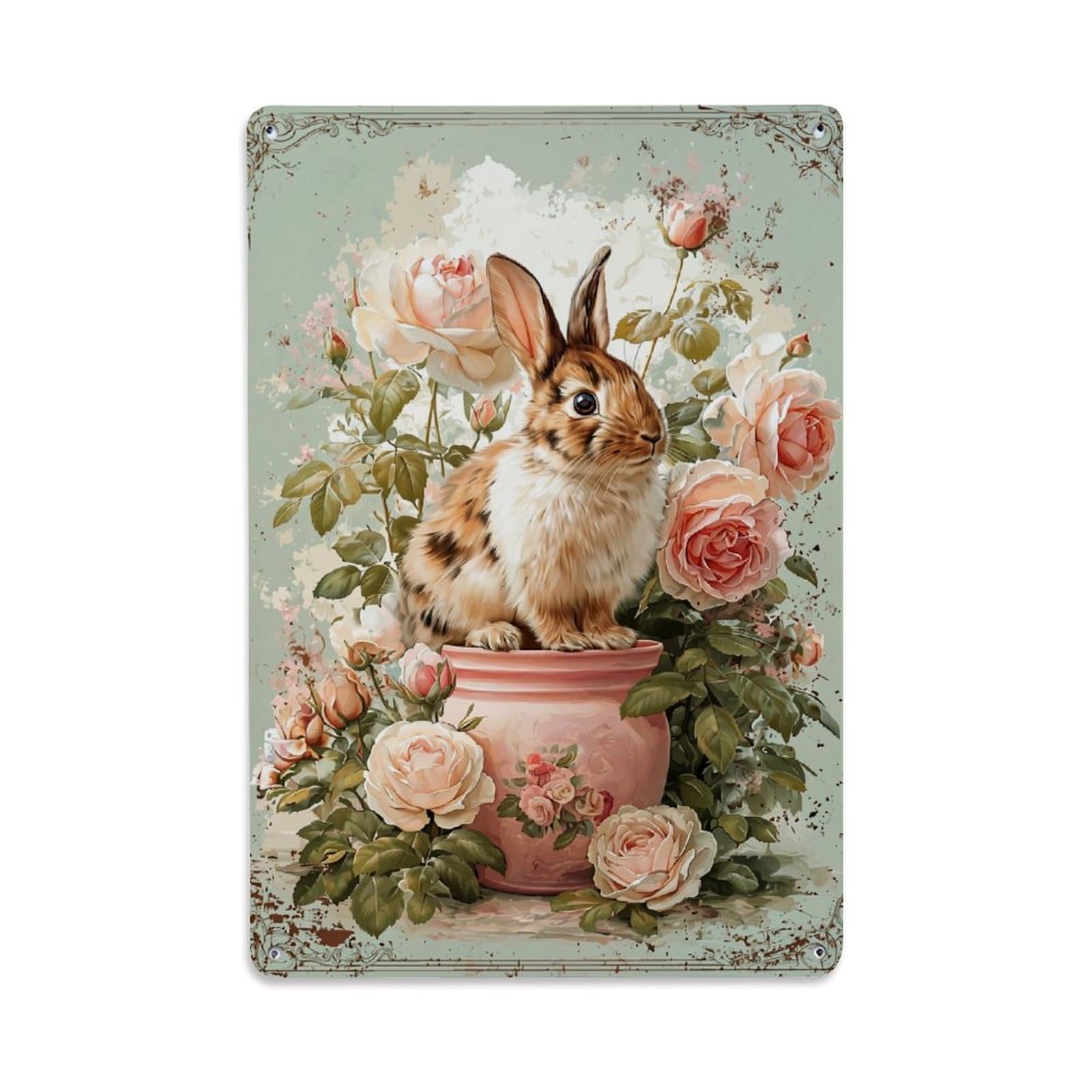 Jdyaojiesheng Vintage Rabbit Rose Pot Floral Pattern Tin Sign Retro Metal Wall Decor Metal Poster, Home Bar Garage Farmhouse Cafe Wall Art Decoration 8X12inches